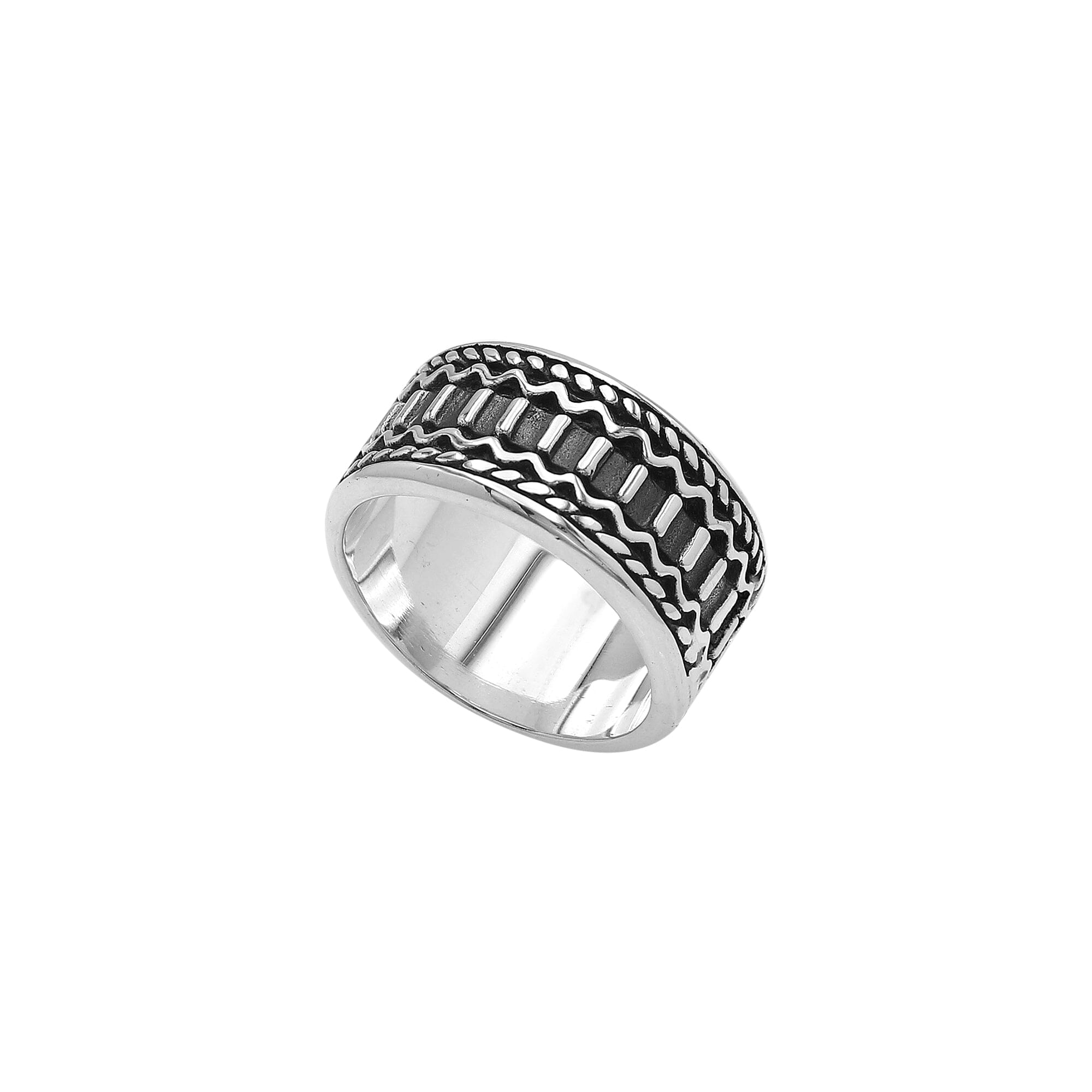 Handcrafted sterling silver wide band ring with oxidized Bali-inspired carvings, unisex artisan jewelry for everyday wear or gifting.