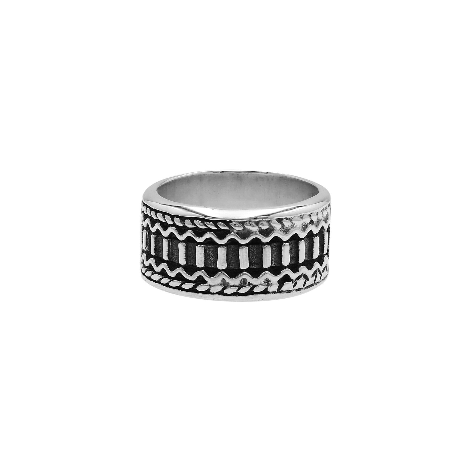 Handcrafted sterling silver wide band ring with oxidized Bali-inspired carvings, unisex artisan jewelry for everyday wear or gifting.