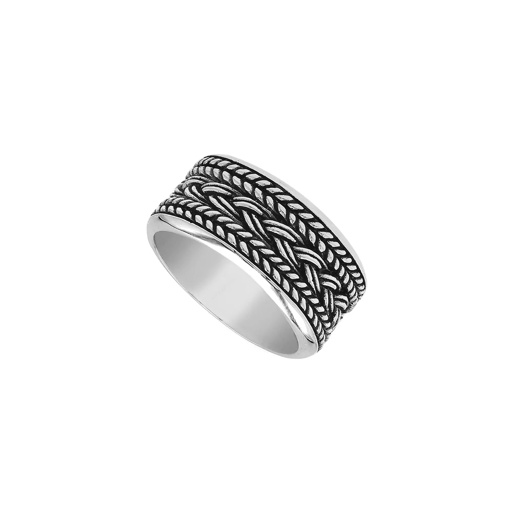 Handcrafted sterling silver wide band ring with intricate braided Bali-inspired design and oxidized finish, unisex artisan jewelry for everyday wear or gifting.