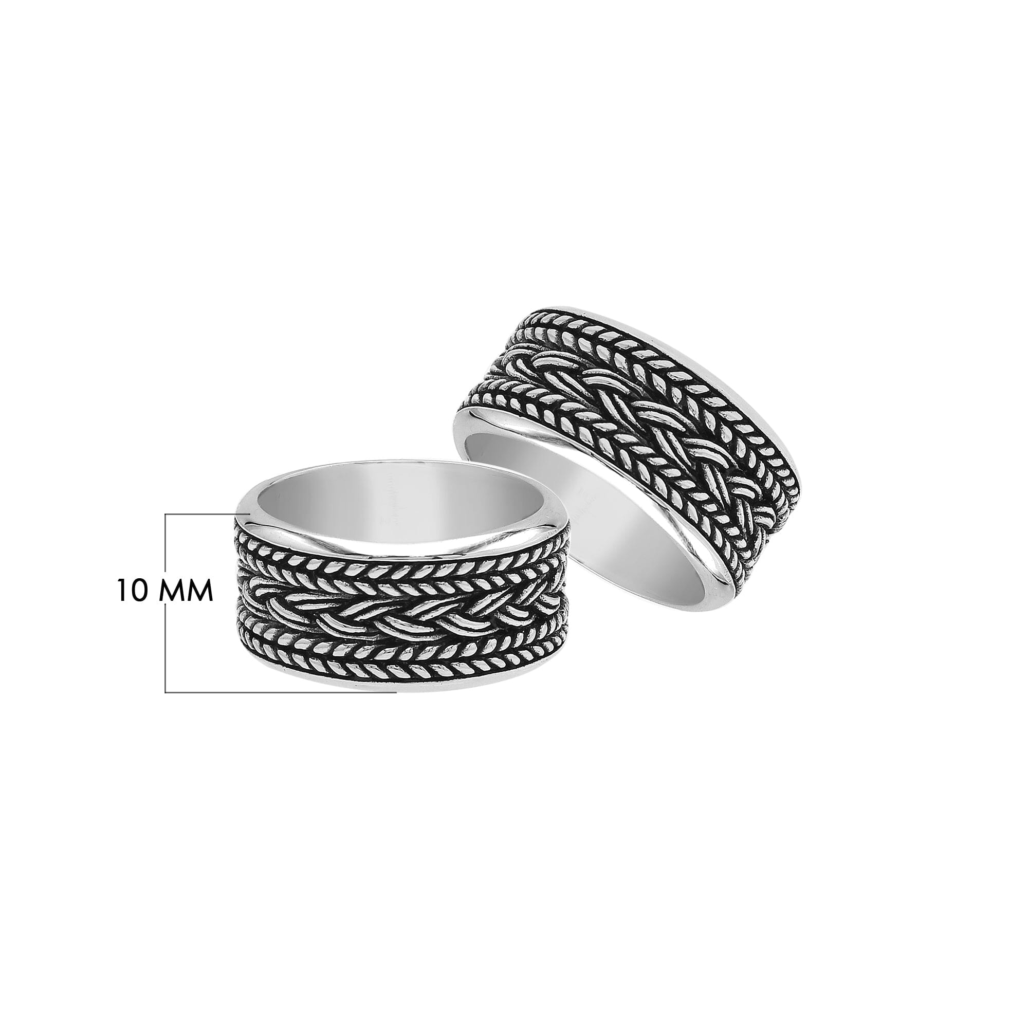 Handcrafted sterling silver wide band ring with intricate braided Bali-inspired design and oxidized finish, unisex artisan jewelry for everyday wear or gifting.