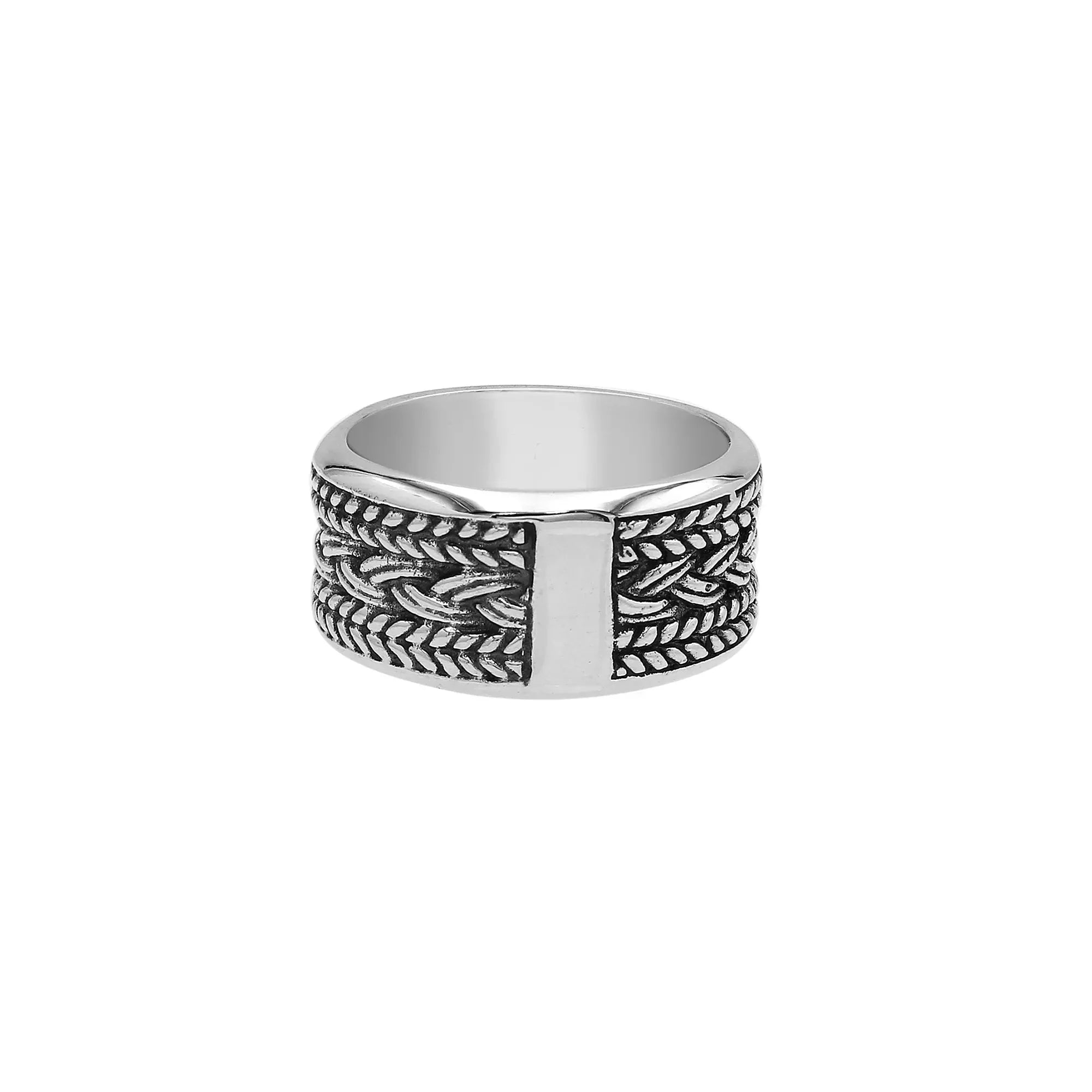 Handcrafted sterling silver wide band ring with intricate braided Bali-inspired design and oxidized finish, unisex artisan jewelry for everyday wear or gifting.
