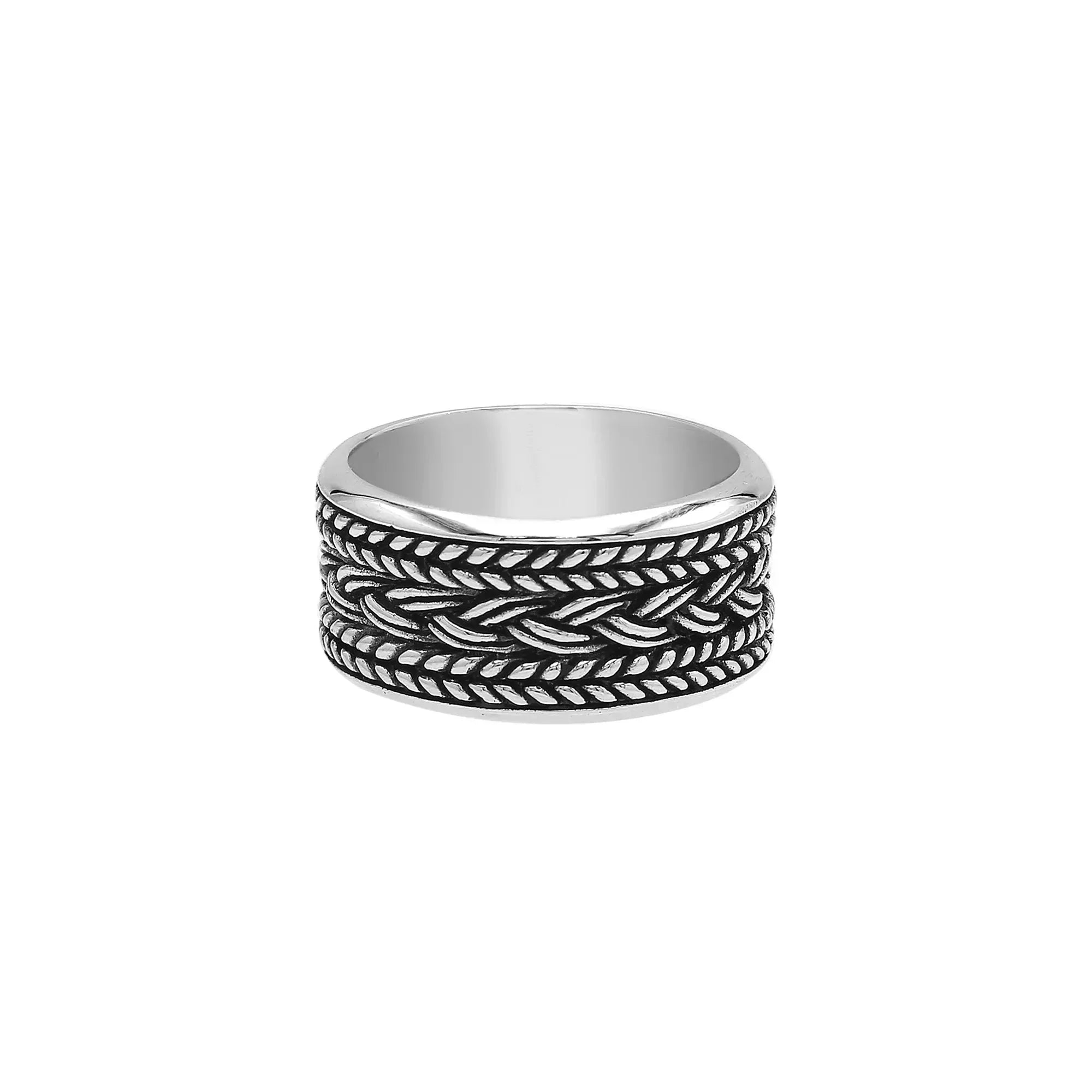 Handcrafted sterling silver wide band ring with intricate braided Bali-inspired design and oxidized finish, unisex artisan jewelry for everyday wear or gifting.