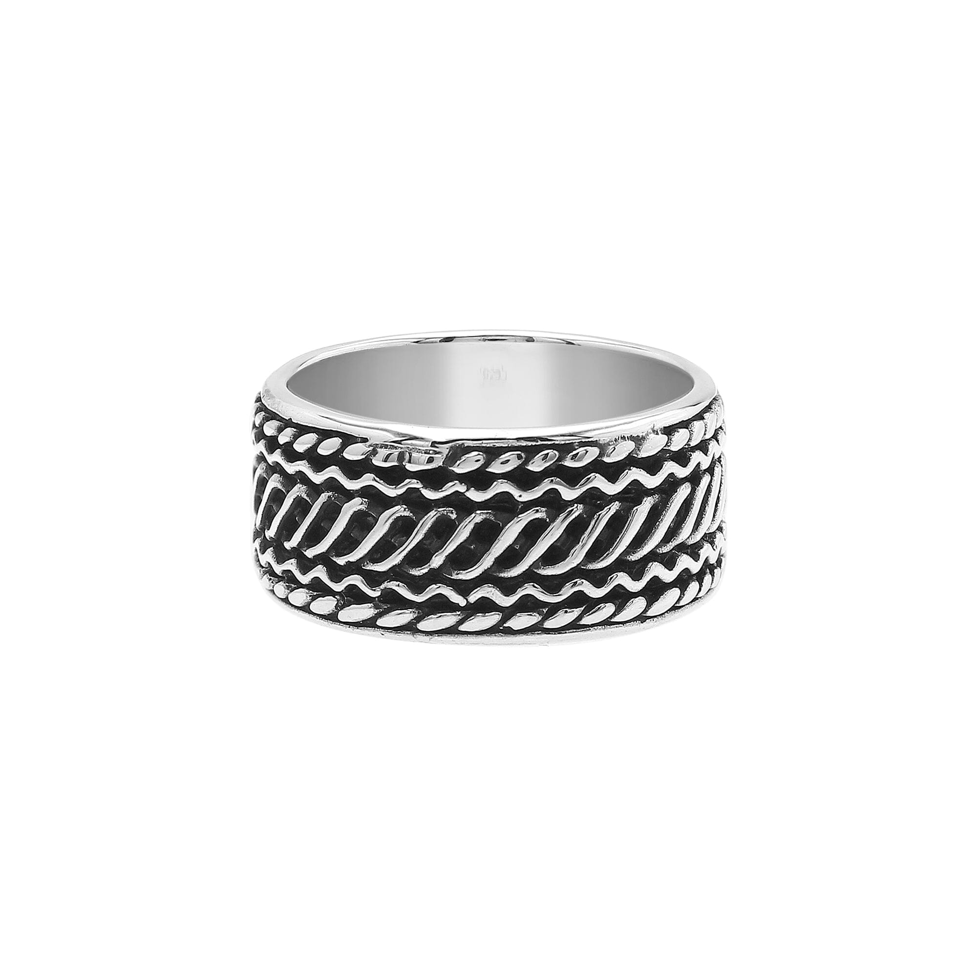 Handcrafted sterling silver wide band ring with diagonal braided Bali-inspired design and oxidized finish, unisex artisan jewelry for everyday wear or gifting.