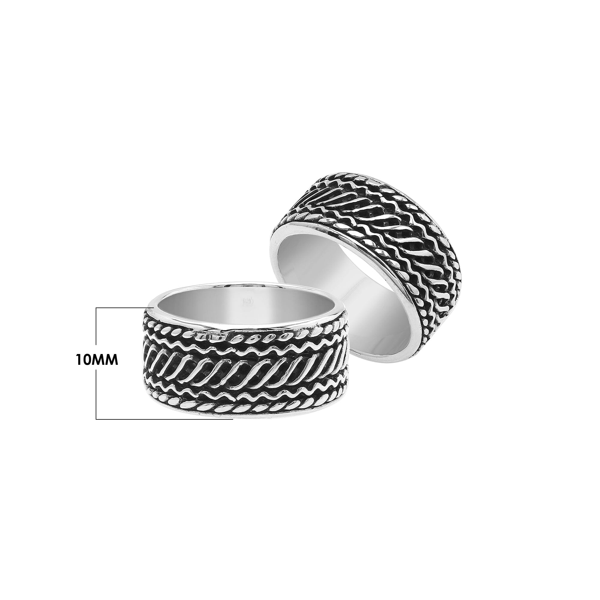 Handcrafted sterling silver wide band ring with diagonal braided Bali-inspired design and oxidized finish, unisex artisan jewelry for everyday wear or gifting.