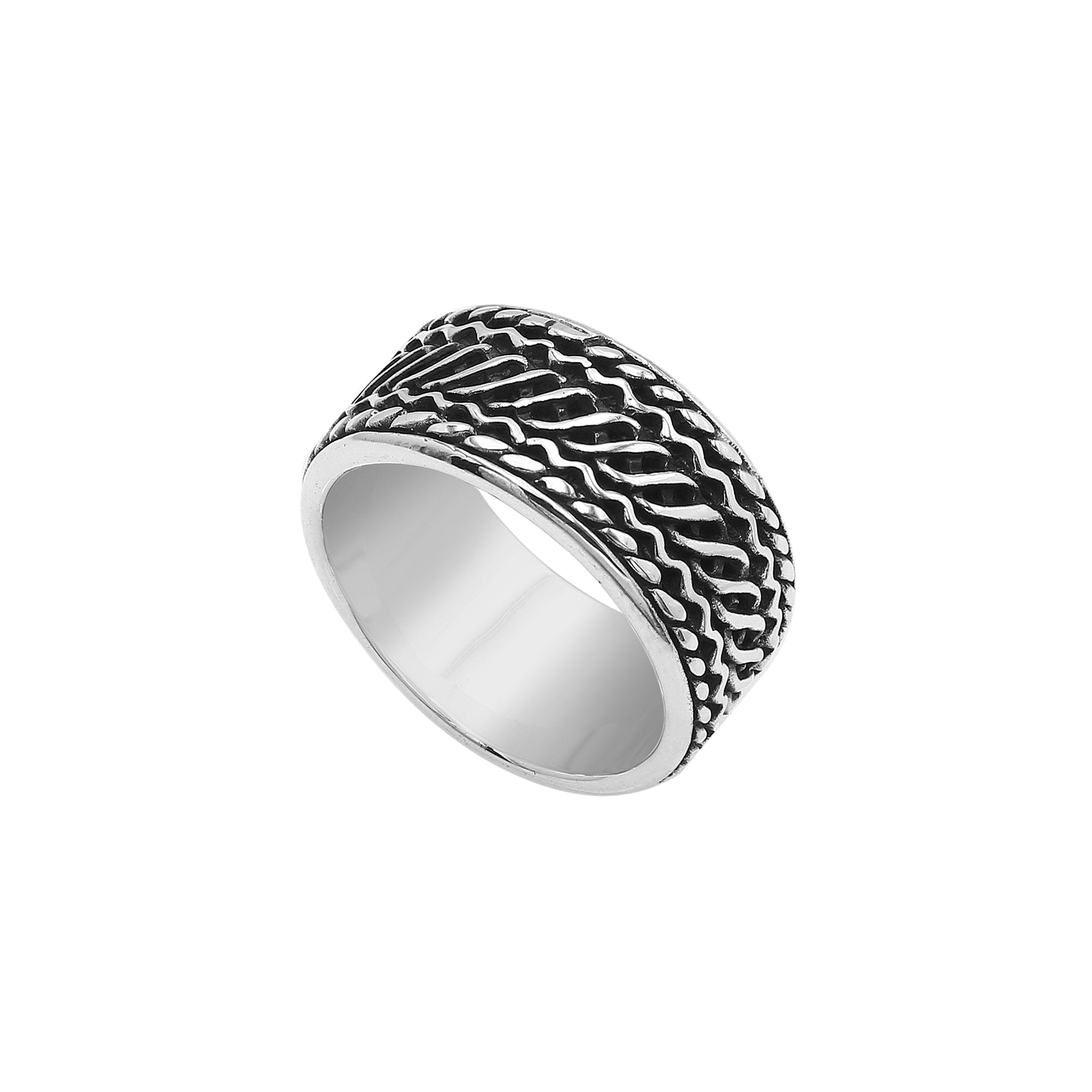 Handcrafted sterling silver wide band ring with diagonal braided Bali-inspired design and oxidized finish, unisex artisan jewelry for everyday wear or gifting.