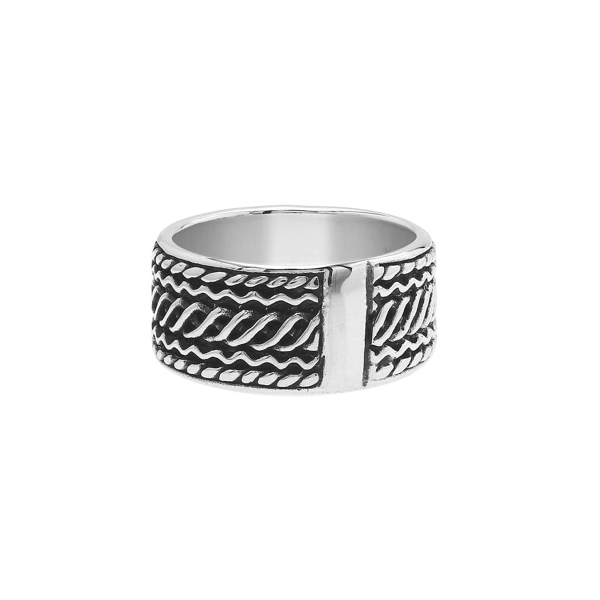 Handcrafted sterling silver wide band ring with diagonal braided Bali-inspired design and oxidized finish, unisex artisan jewelry for everyday wear or gifting.
