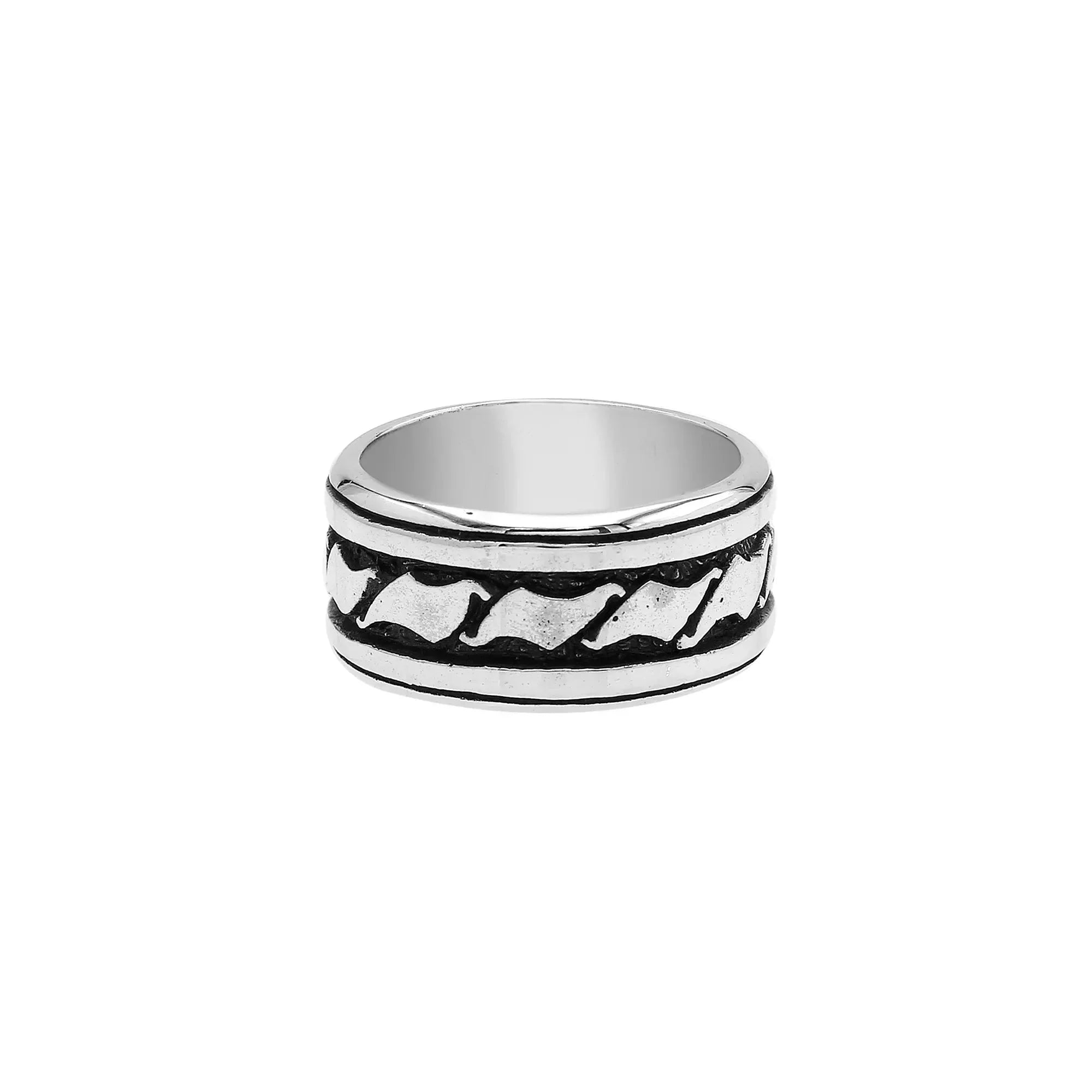 Handcrafted sterling silver wide band ring with wave-inspired Bali design and oxidized finish, unisex artisan jewelry for everyday wear or gifting.