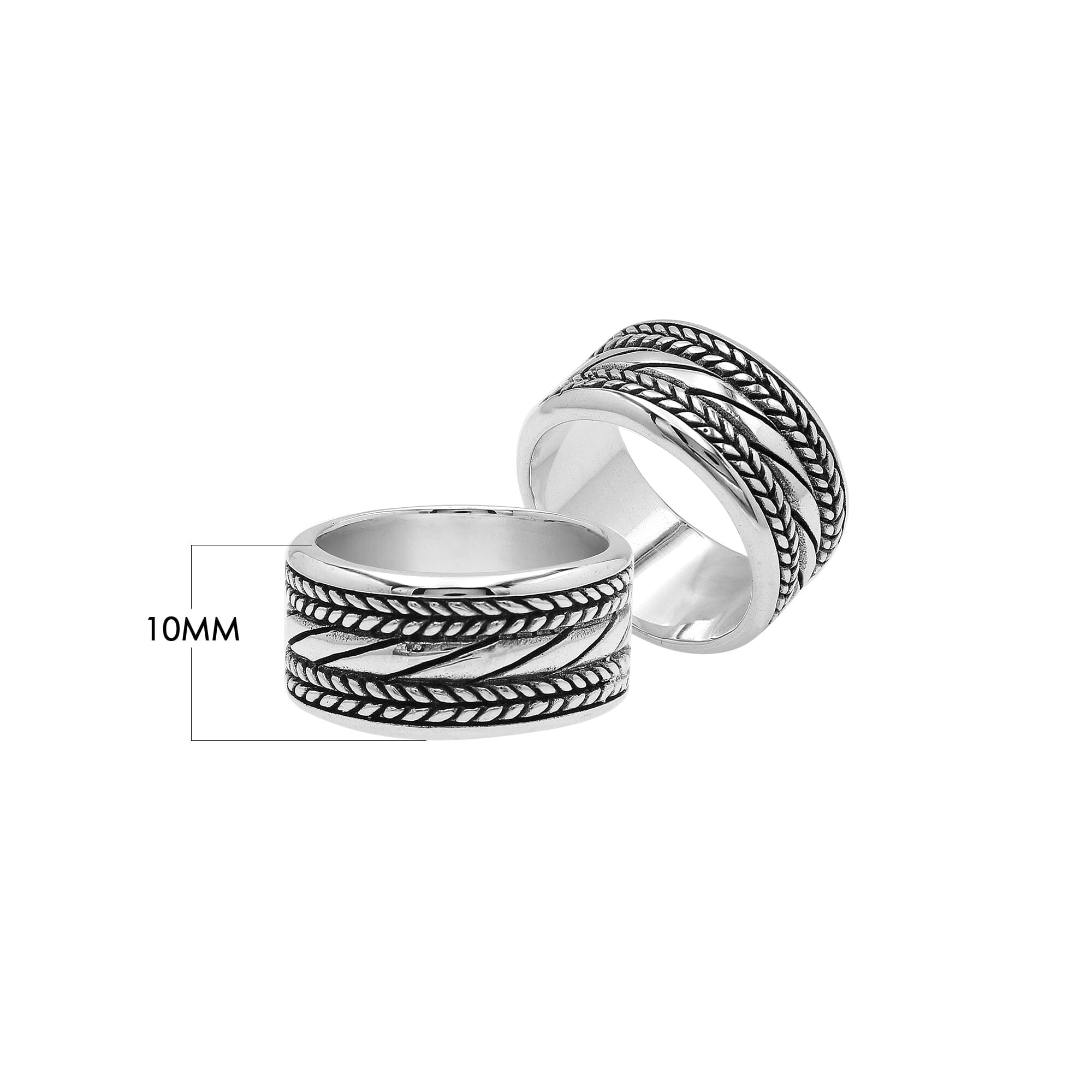 Handcrafted sterling silver wide band ring with diagonal rope Bali-inspired design and oxidized finish, unisex artisan jewelry for everyday wear or gifting.