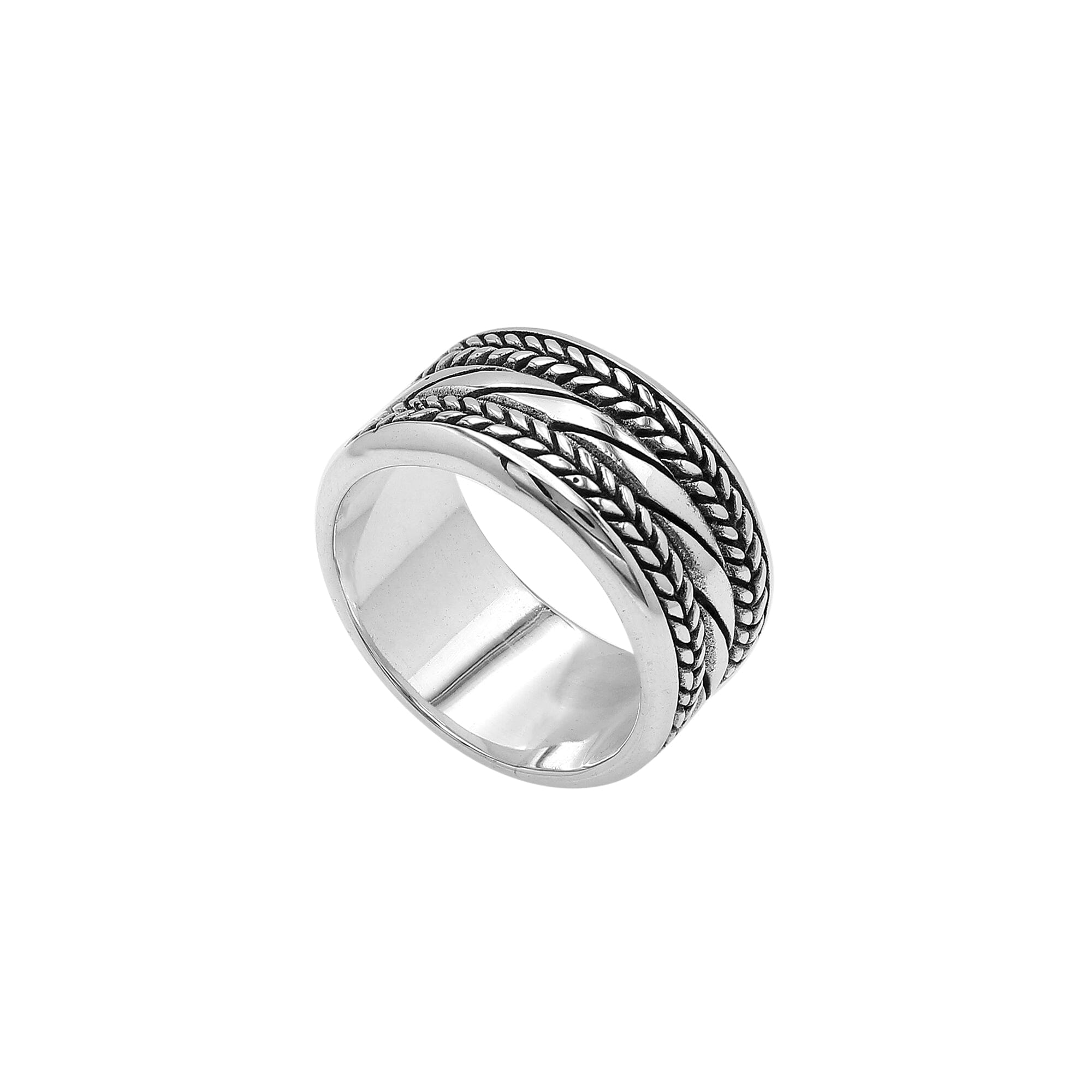 Handcrafted sterling silver wide band ring with diagonal rope Bali-inspired design and oxidized finish, unisex artisan jewelry for everyday wear or gifting.