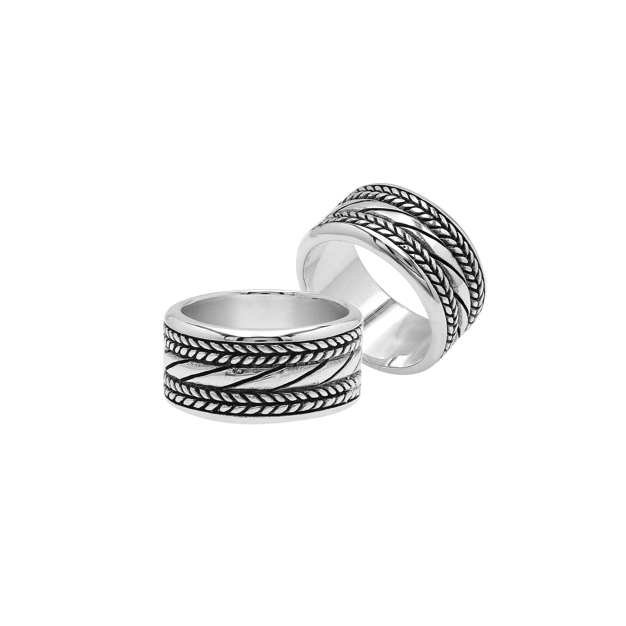 Handcrafted sterling silver wide band ring with diagonal rope Bali-inspired design and oxidized finish, unisex artisan jewelry for everyday wear or gifting.