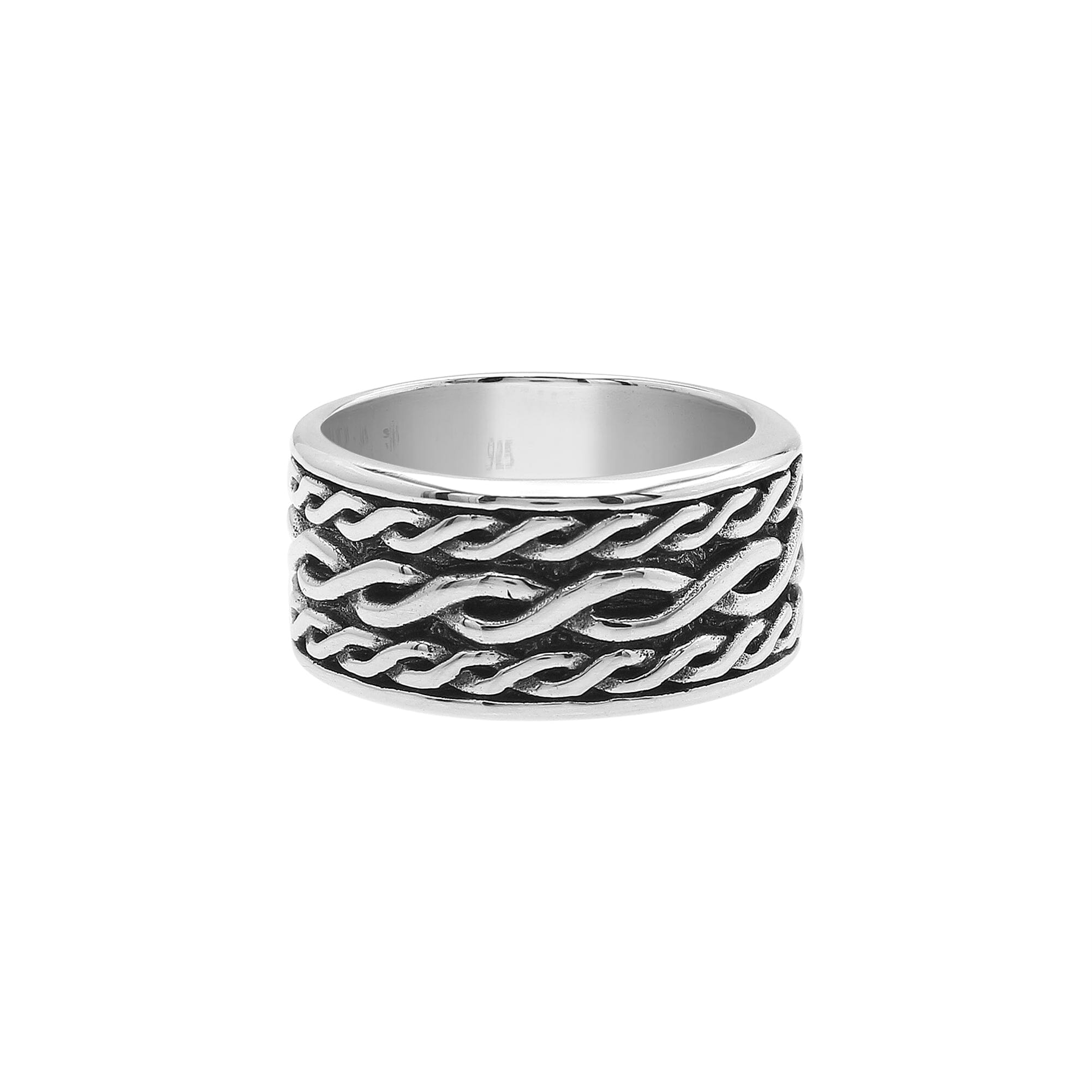 Handcrafted sterling silver wide band ring with wavy braid Bali-inspired design and oxidized finish, unisex artisan jewelry for everyday wear or gifting.