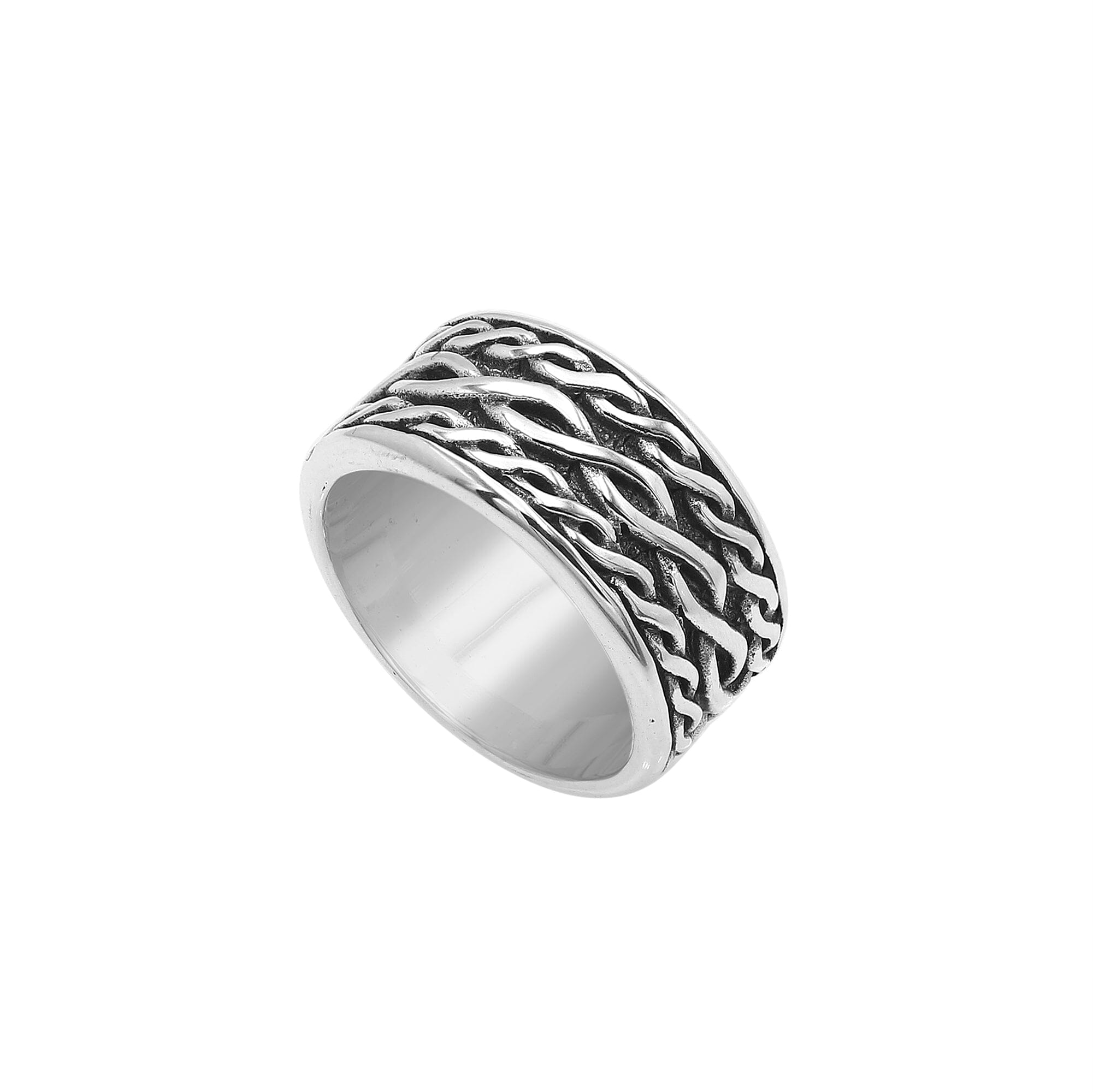 Handcrafted sterling silver wide band ring with wavy braid Bali-inspired design and oxidized finish, unisex artisan jewelry for everyday wear or gifting.