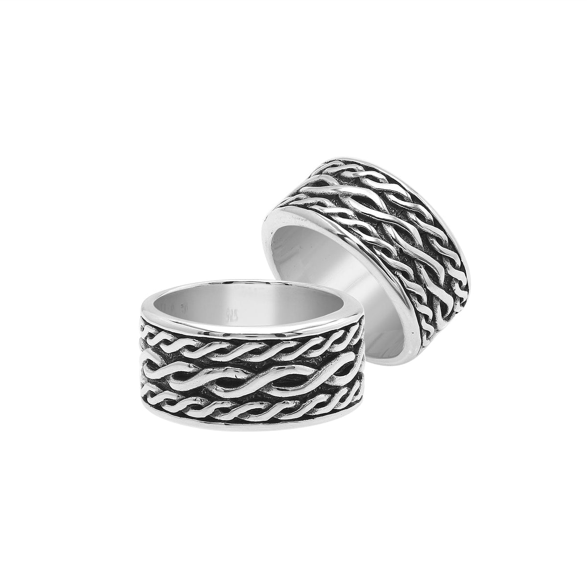 Handcrafted sterling silver wide band ring with wavy braid Bali-inspired design and oxidized finish, unisex artisan jewelry for everyday wear or gifting.