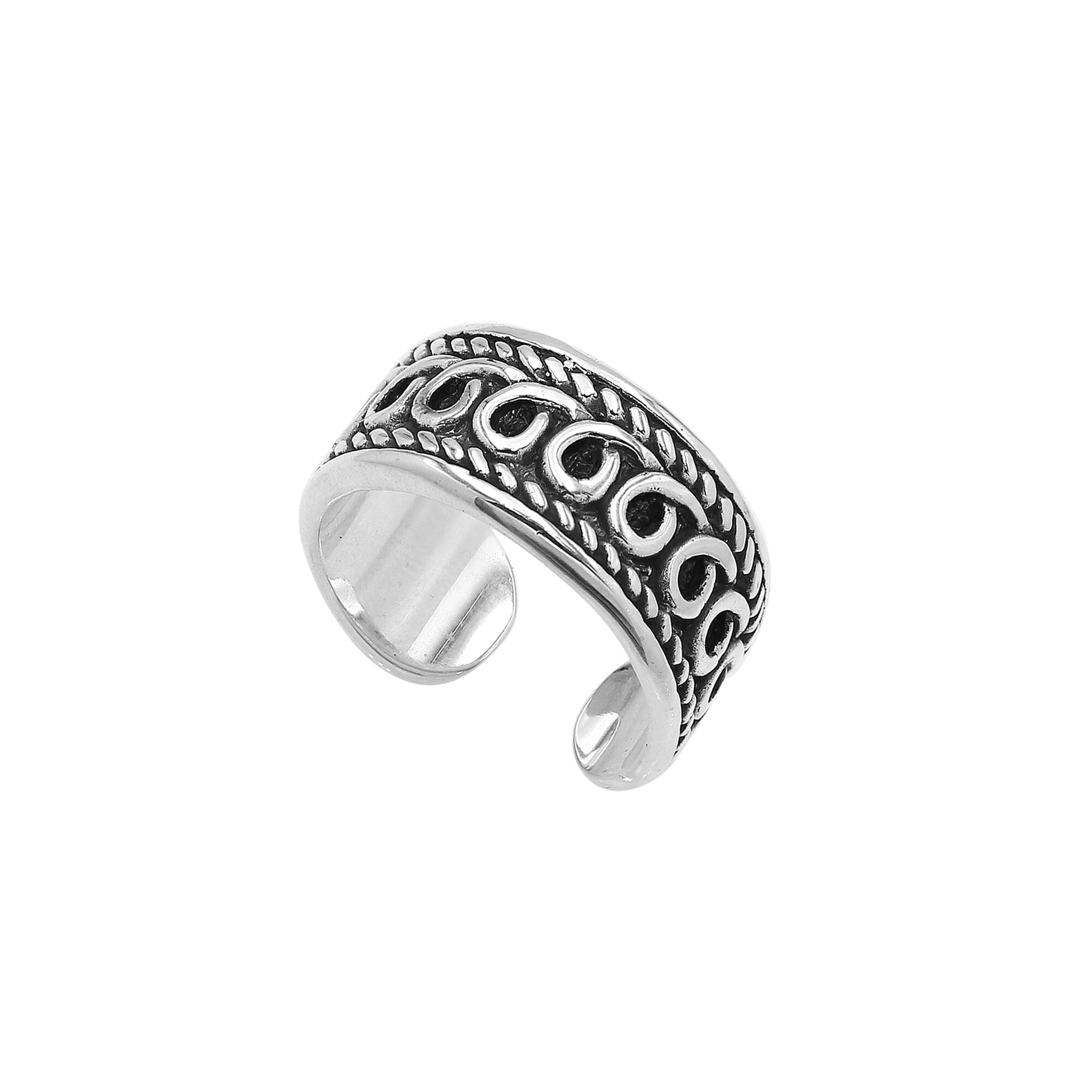 Handcrafted sterling silver open-band ring with intricate Bali swirl design and oxidized finish, adjustable unisex artisan jewelry for everyday wear or gifting.