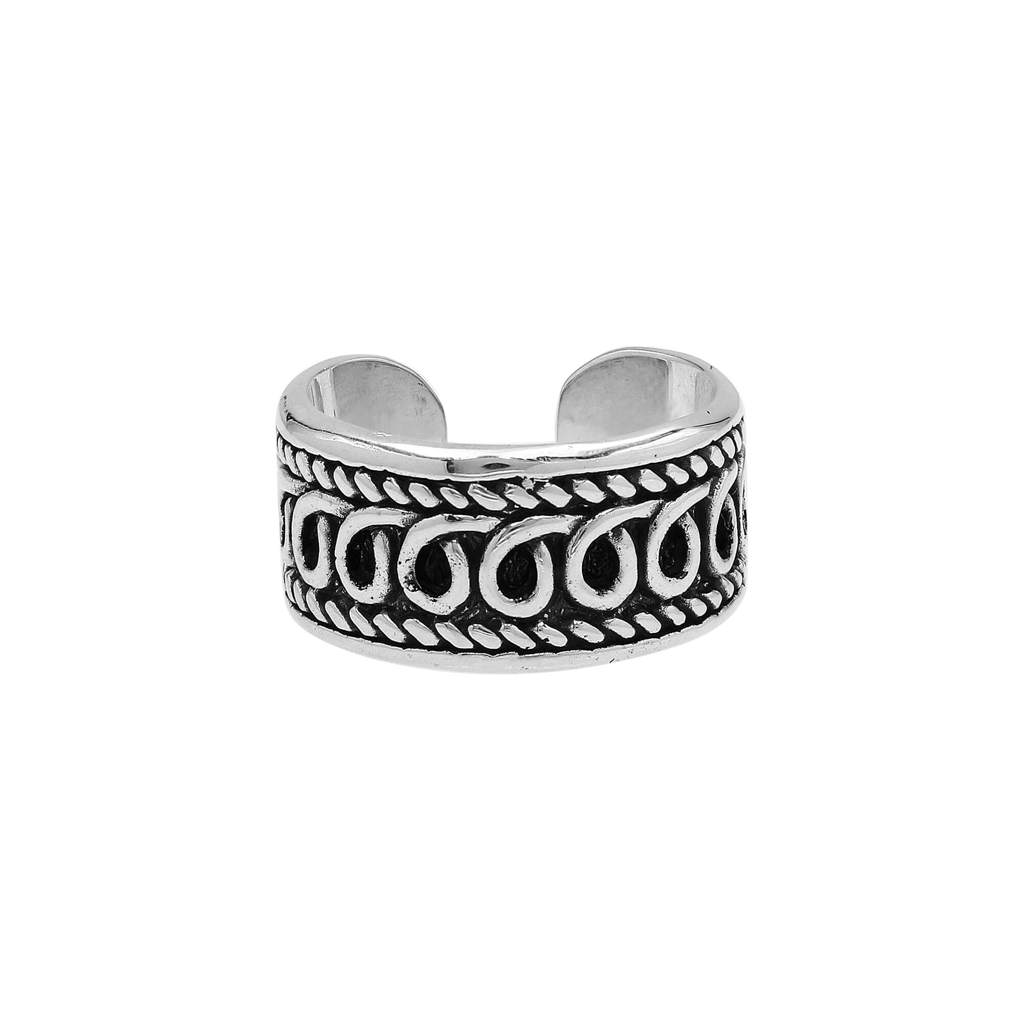 Handcrafted sterling silver open-band ring with intricate Bali swirl design and oxidized finish, adjustable unisex artisan jewelry for everyday wear or gifting.