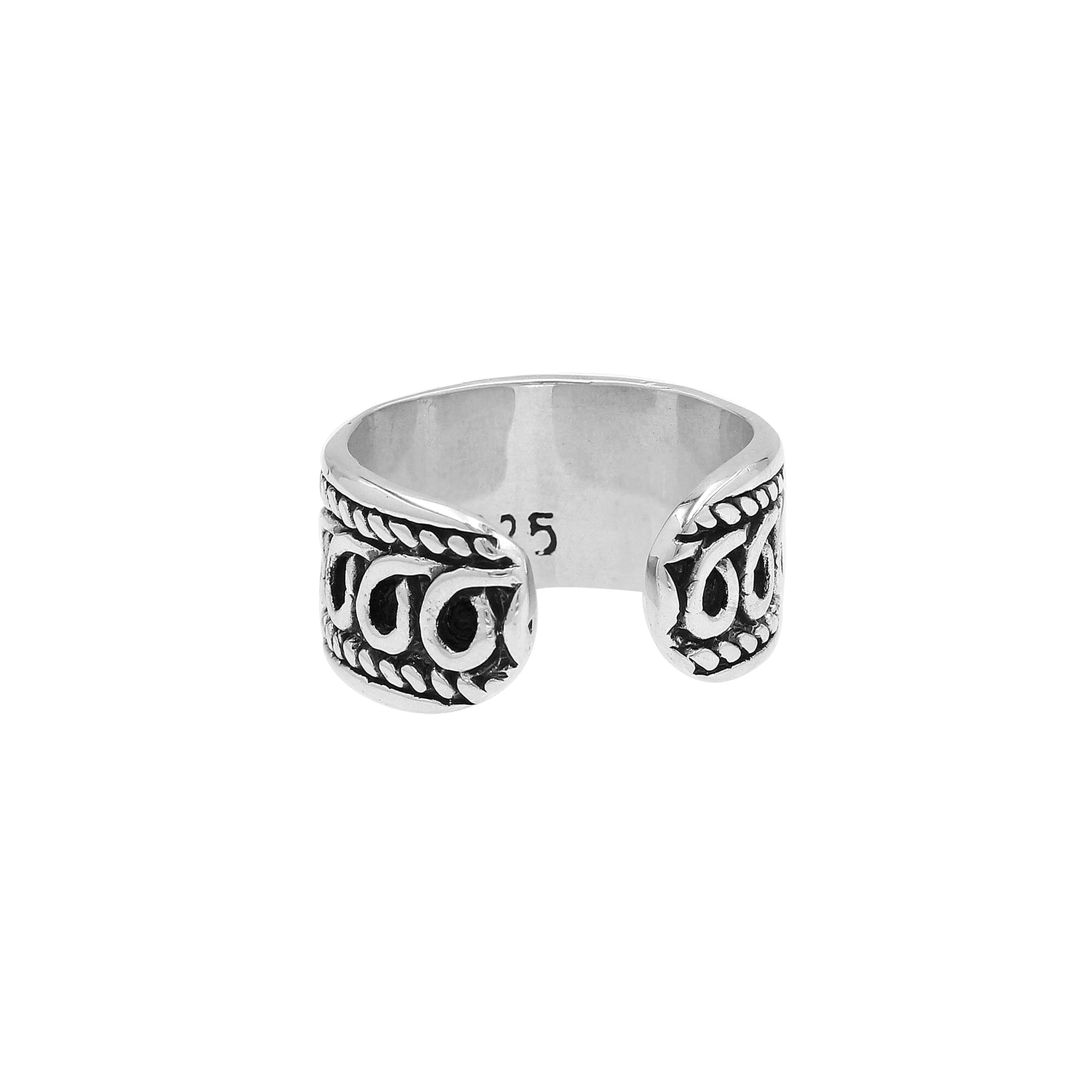Handcrafted sterling silver open-band ring with intricate Bali swirl design and oxidized finish, adjustable unisex artisan jewelry for everyday wear or gifting.