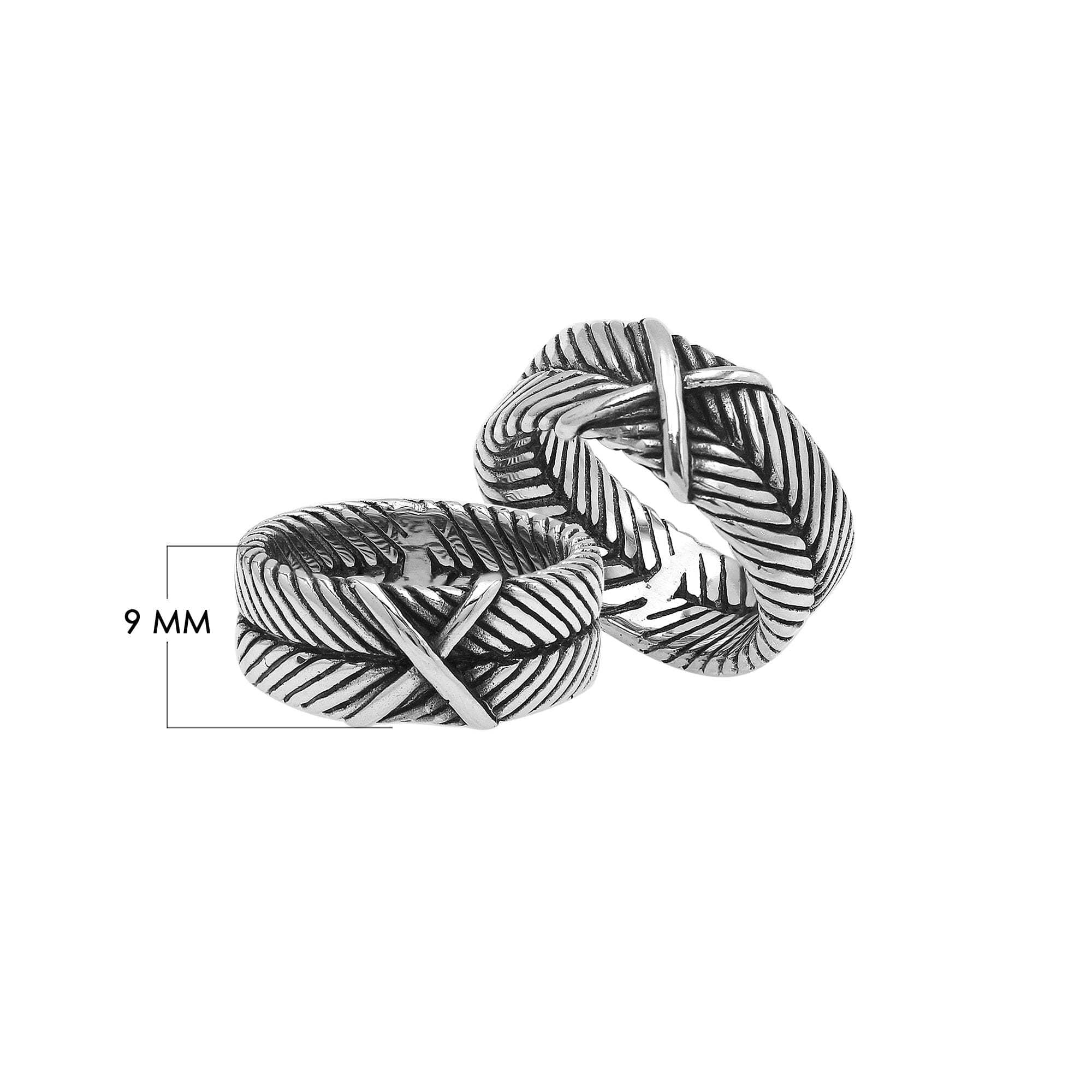 Handcrafted sterling silver band ring with X-pattern and leaf design, Bali-inspired oxidized artisan jewelry for men and women.