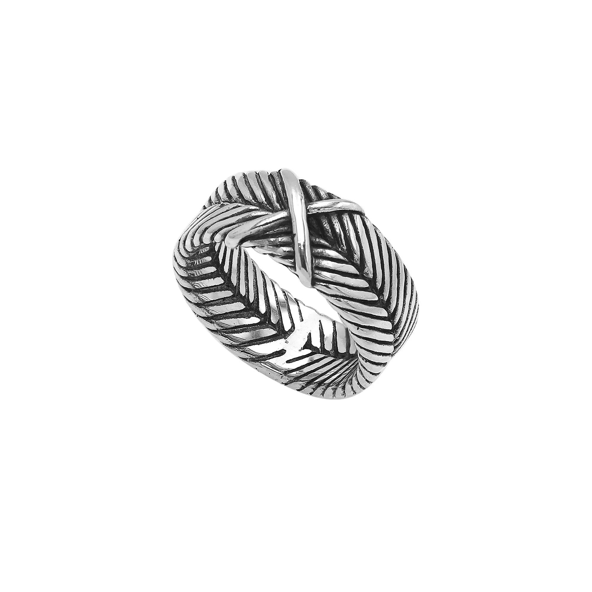 Handcrafted sterling silver band ring with X-pattern and leaf design, Bali-inspired oxidized artisan jewelry for men and women.