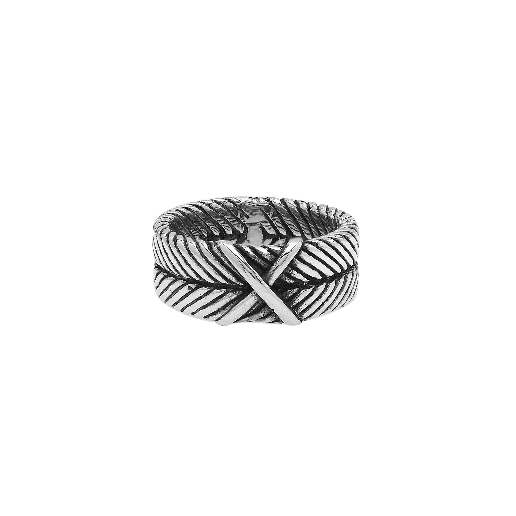 Handcrafted sterling silver band ring with X-pattern and leaf design, Bali-inspired oxidized artisan jewelry for men and women.