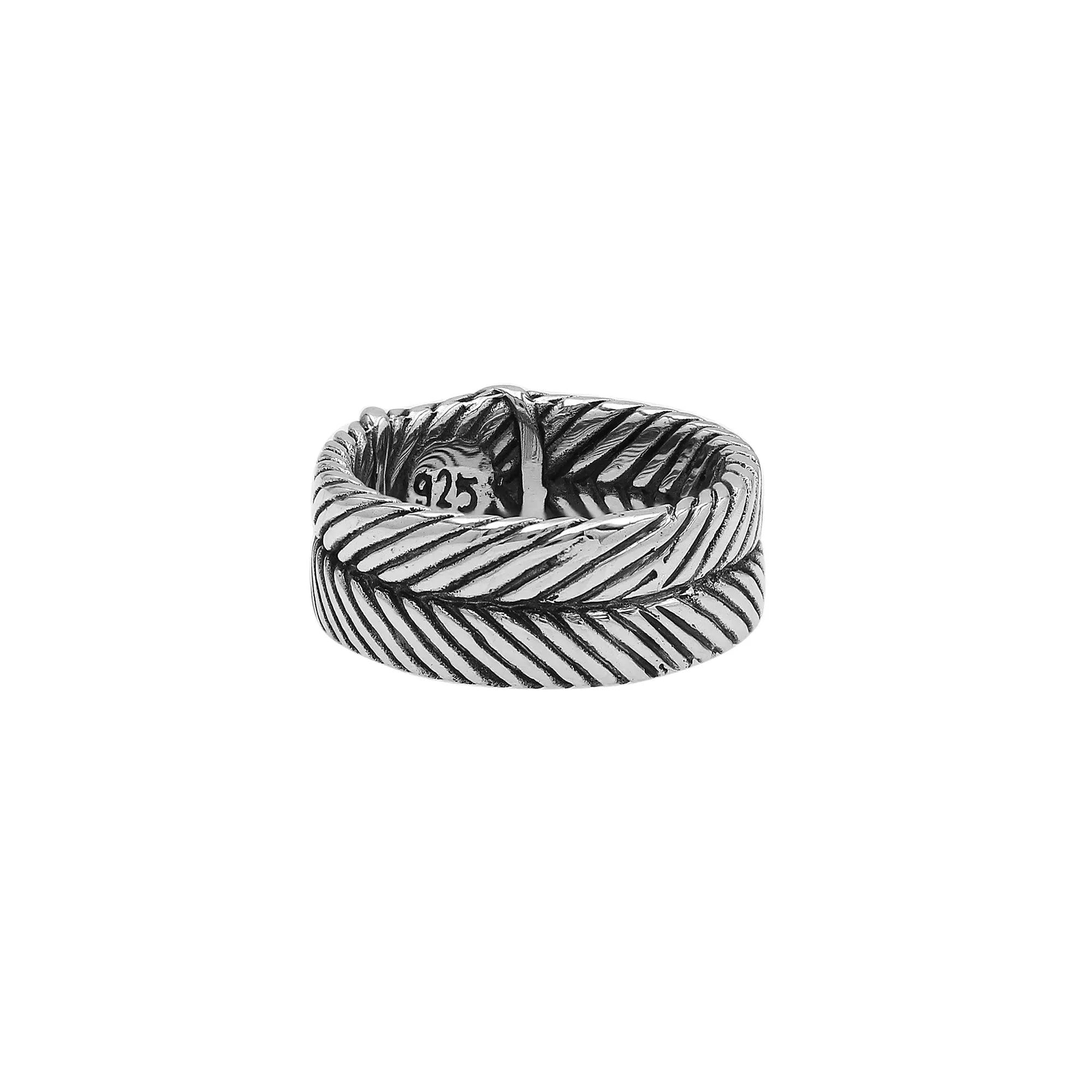 Handcrafted sterling silver band ring with X-pattern and leaf design, Bali-inspired oxidized artisan jewelry for men and women.