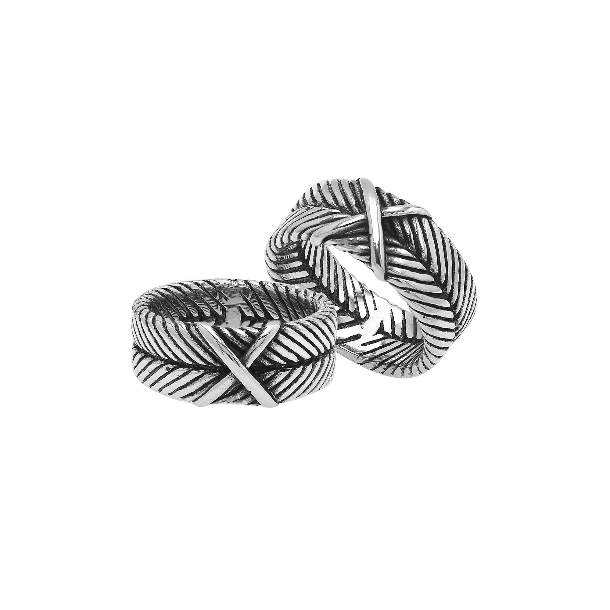 Handcrafted sterling silver band ring with X-pattern and leaf design, Bali-inspired oxidized artisan jewelry for men and women.