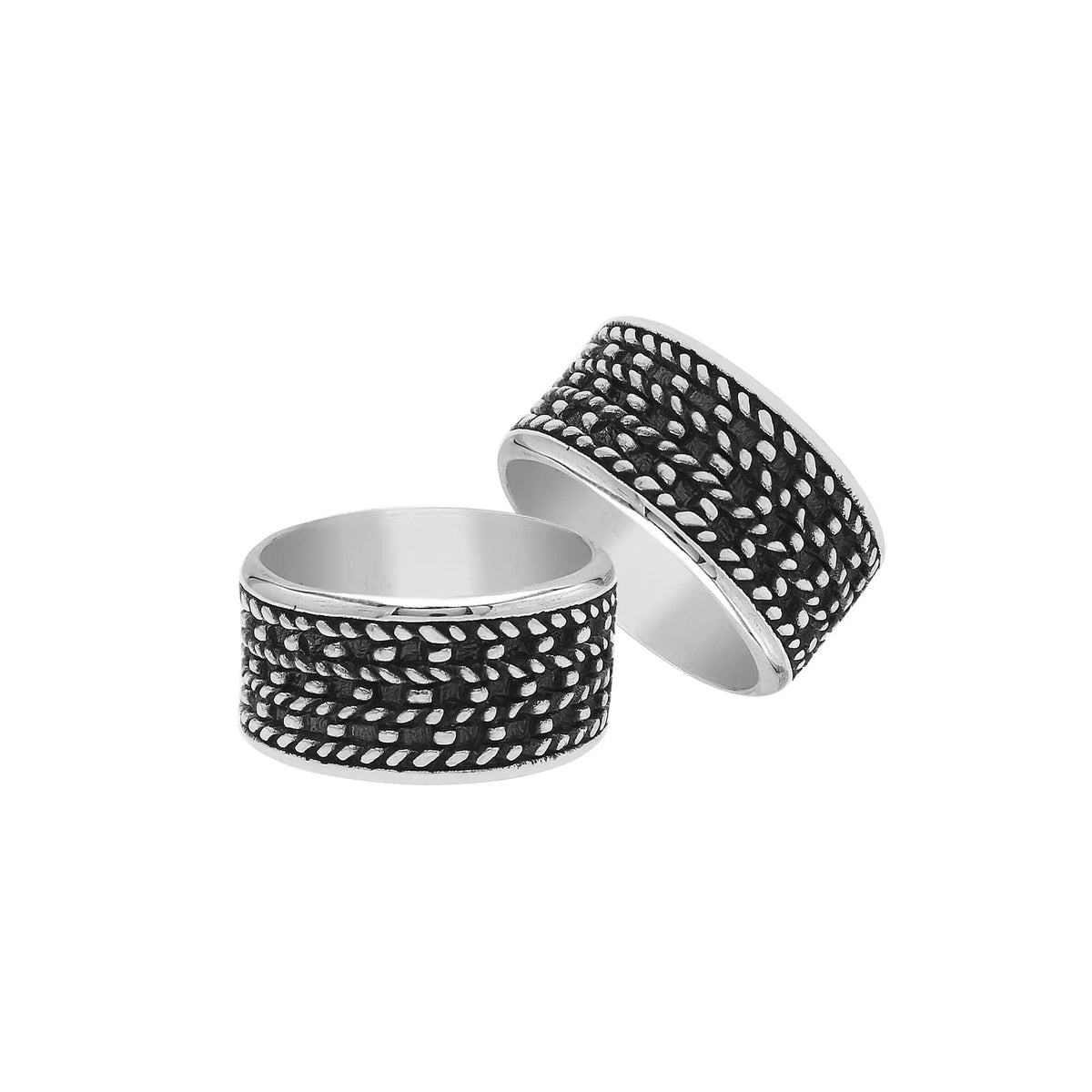 Handcrafted sterling silver wide band ring with detailed Bali dot design and oxidized finish, unisex artisan jewelry for everyday wear or gifting.