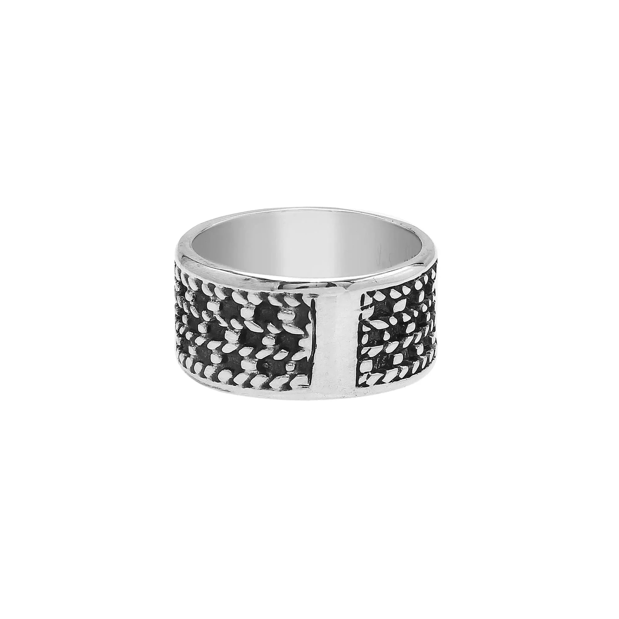 Handcrafted sterling silver wide band ring with detailed Bali dot design and oxidized finish, unisex artisan jewelry for everyday wear or gifting.