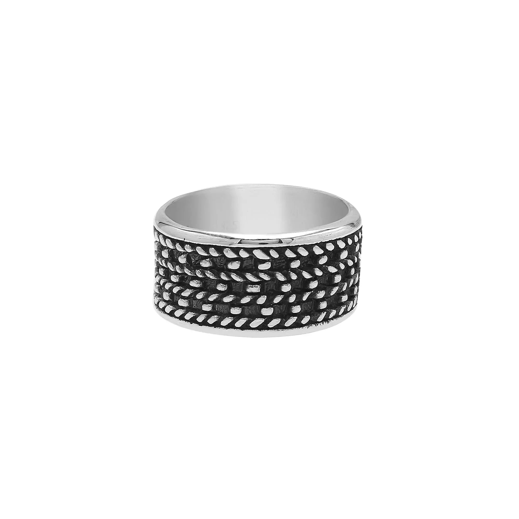 Handcrafted sterling silver wide band ring with detailed Bali dot design and oxidized finish, unisex artisan jewelry for everyday wear or gifting.