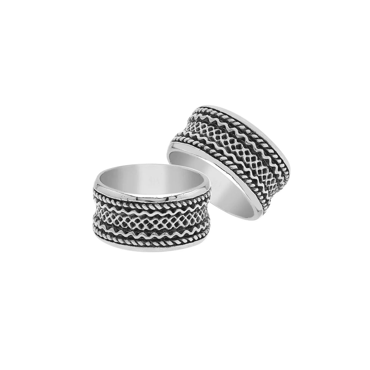 Sterling silver wide band ring with handcrafted tribal Bali design and oxidized detailing, perfect for everyday wear or special occasions.