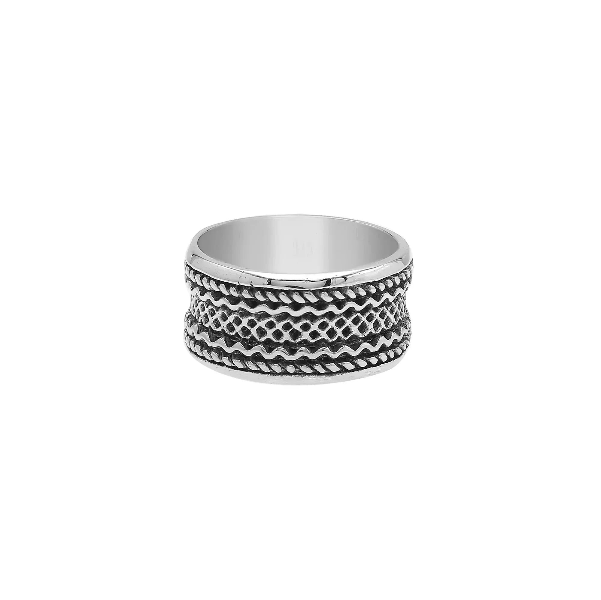 Sterling silver wide band ring with handcrafted tribal Bali design and oxidized detailing, perfect for everyday wear or special occasions.