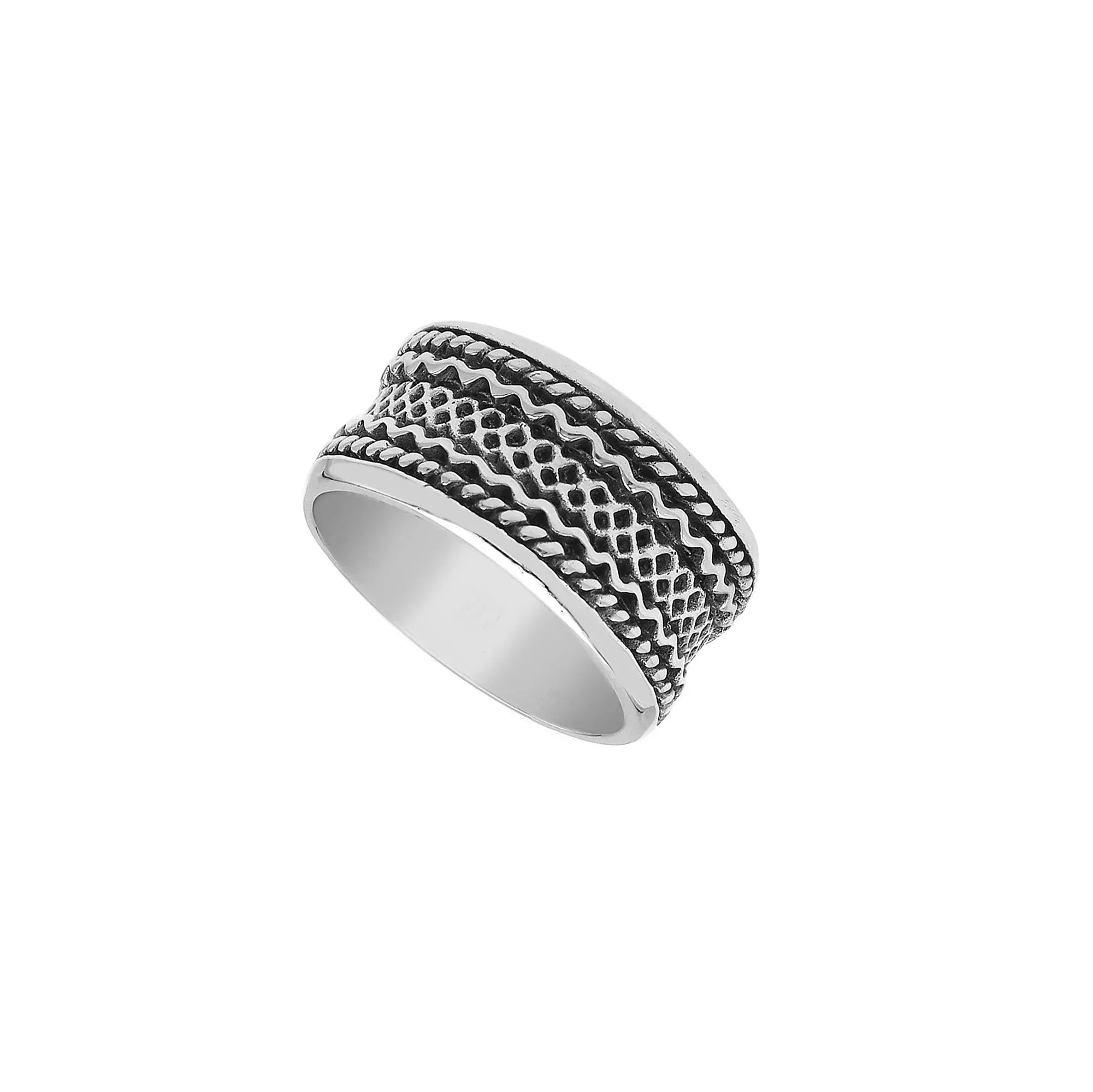Sterling silver wide band ring with handcrafted tribal Bali design and oxidized detailing, perfect for everyday wear or special occasions.