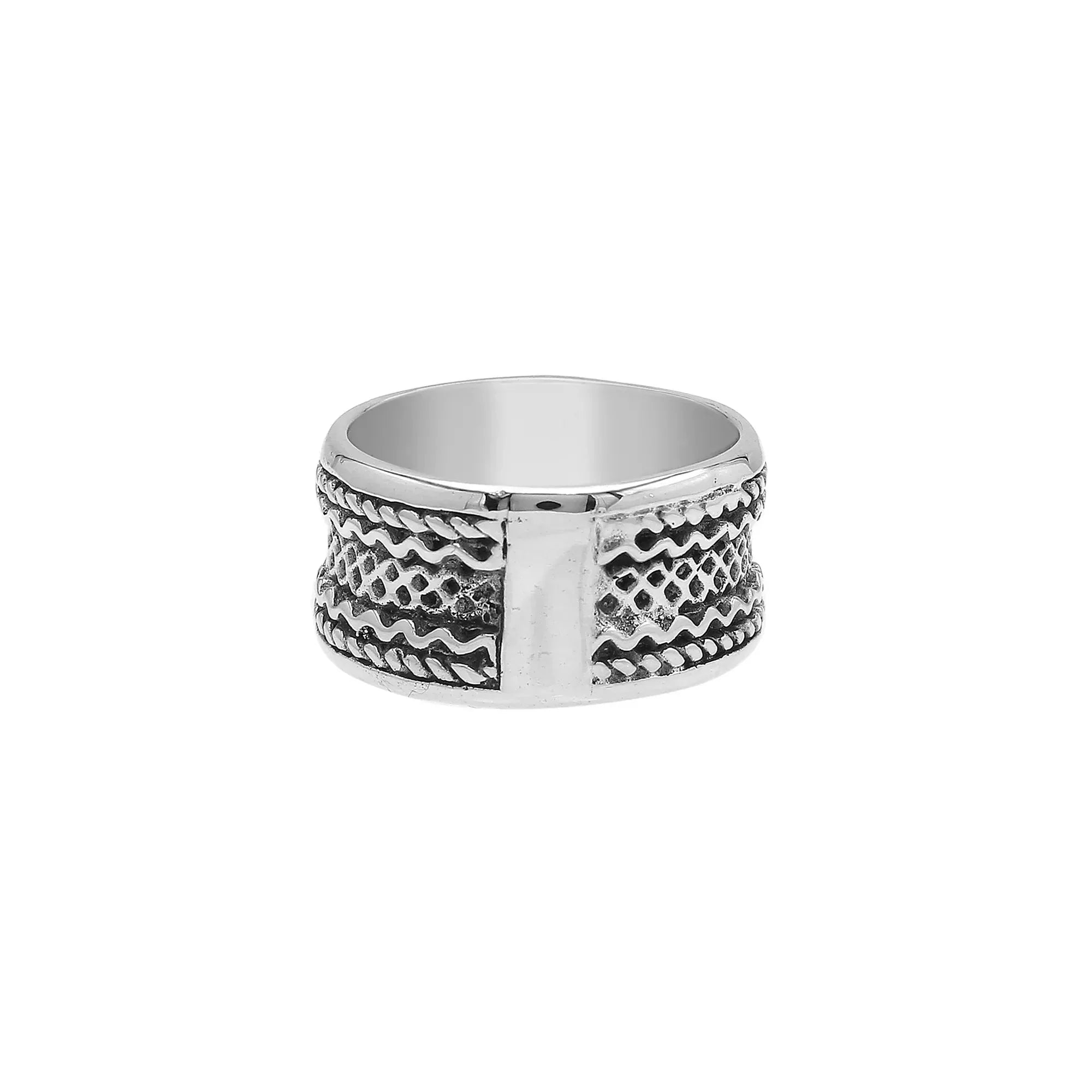 Sterling silver wide band ring with handcrafted tribal Bali design and oxidized detailing, perfect for everyday wear or special occasions.