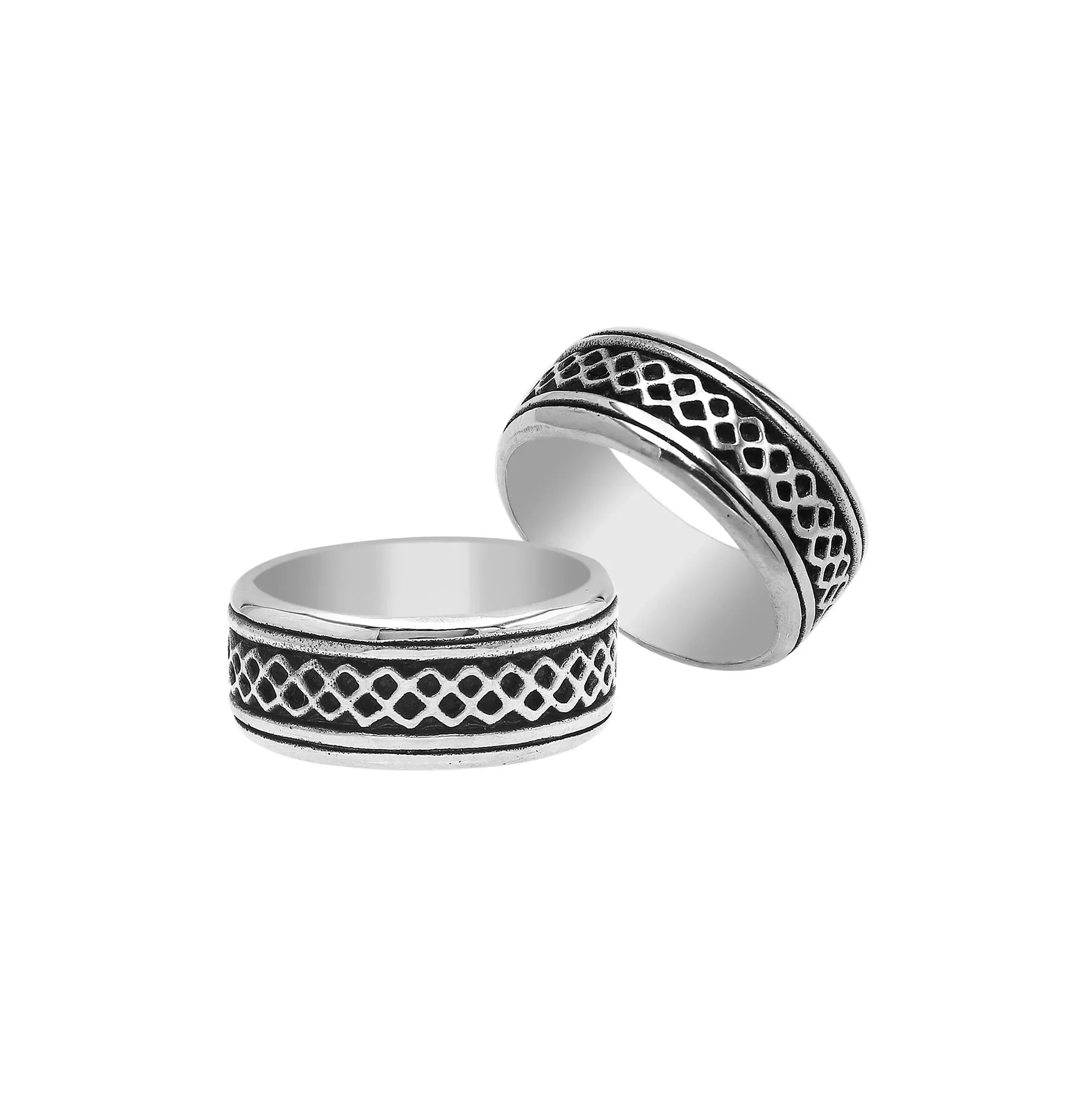 Sterling silver wide band ring with a bold geometric lattice design, handcrafted in Bali with oxidized detailing for a unique artisan look.