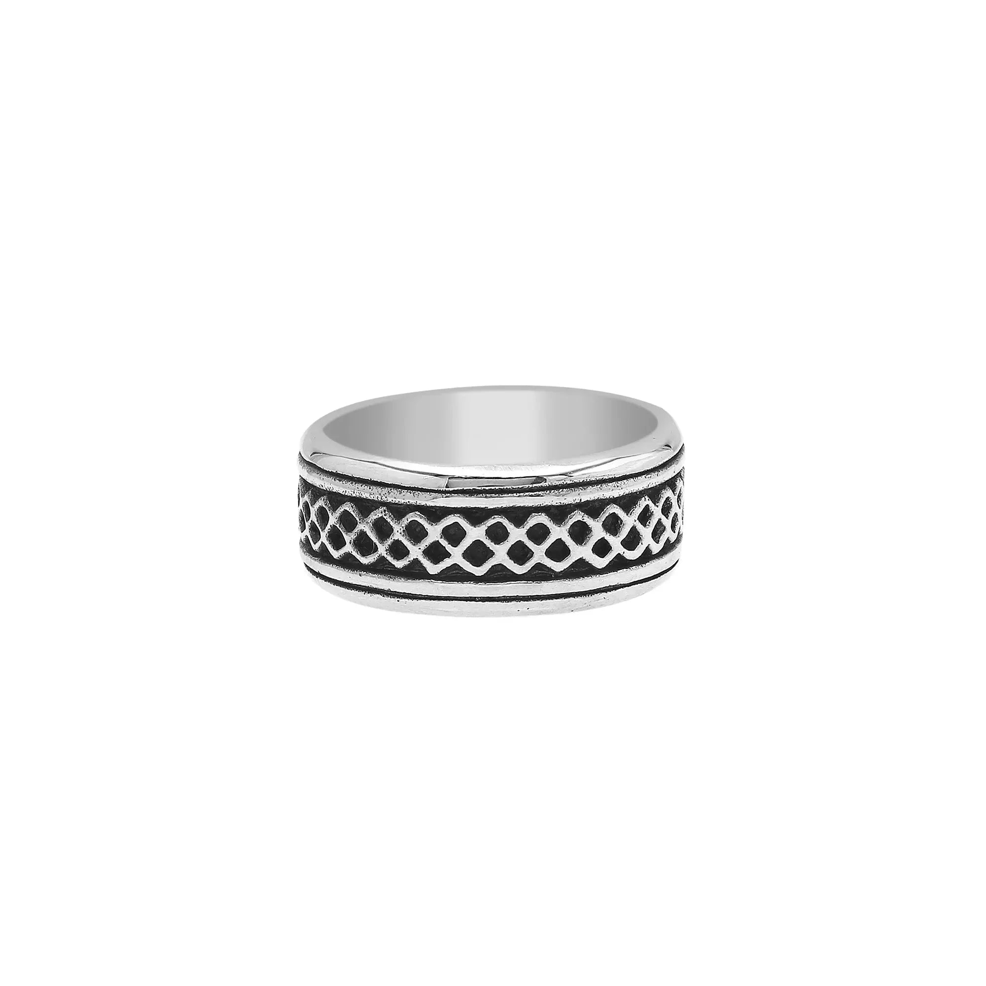 Sterling silver wide band ring with a bold geometric lattice design, handcrafted in Bali with oxidized detailing for a unique artisan look.