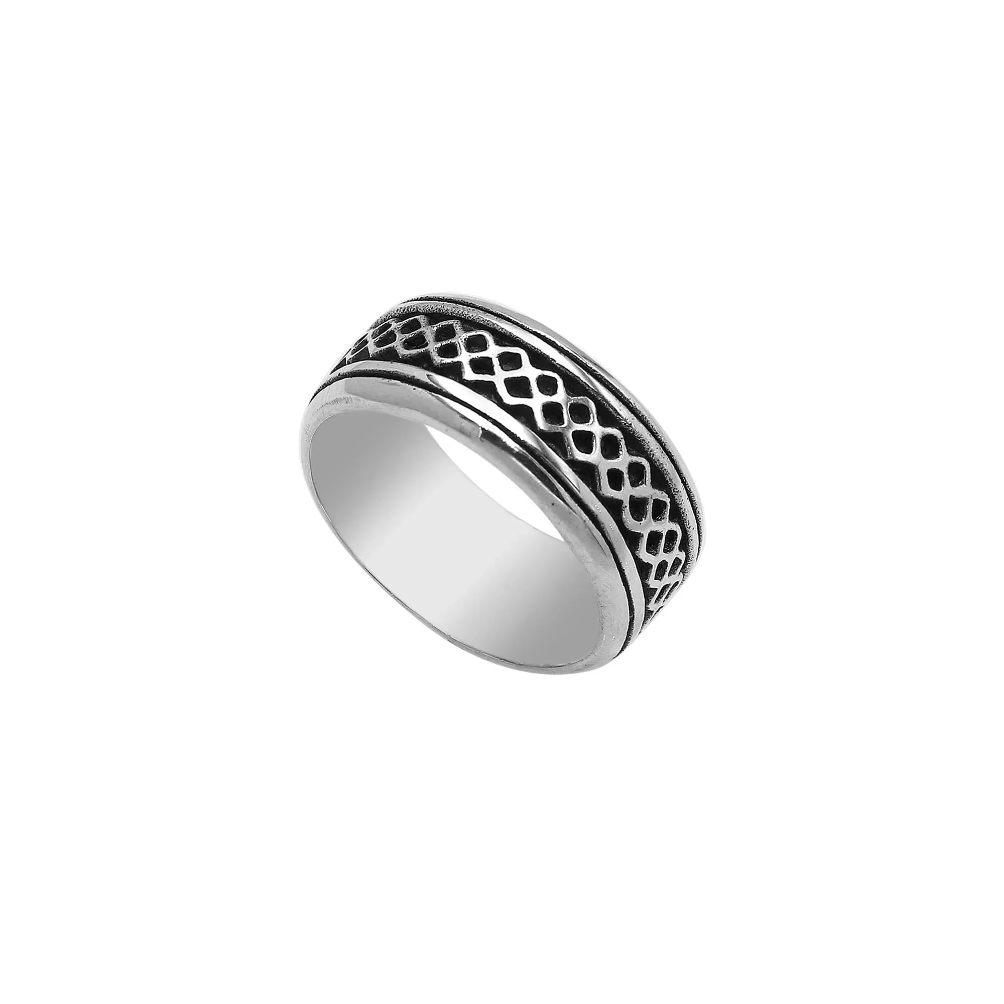 Sterling silver wide band ring with a bold geometric lattice design, handcrafted in Bali with oxidized detailing for a unique artisan look.