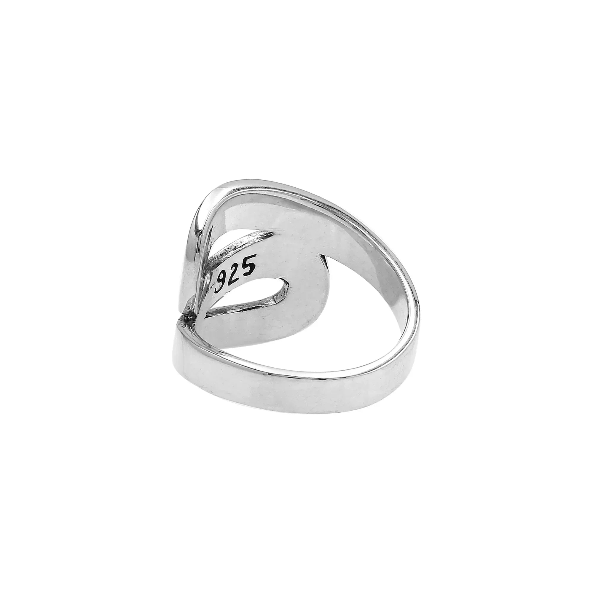 Sterling silver openwork statement ring with adjustable band, modern polished silver jewelry for everyday wear and special occasions.