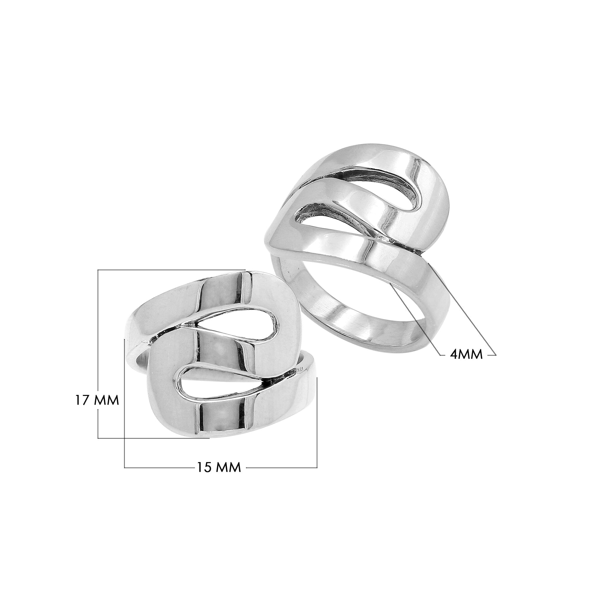 Sterling silver openwork statement ring with adjustable band, modern polished silver jewelry for everyday wear and special occasions.