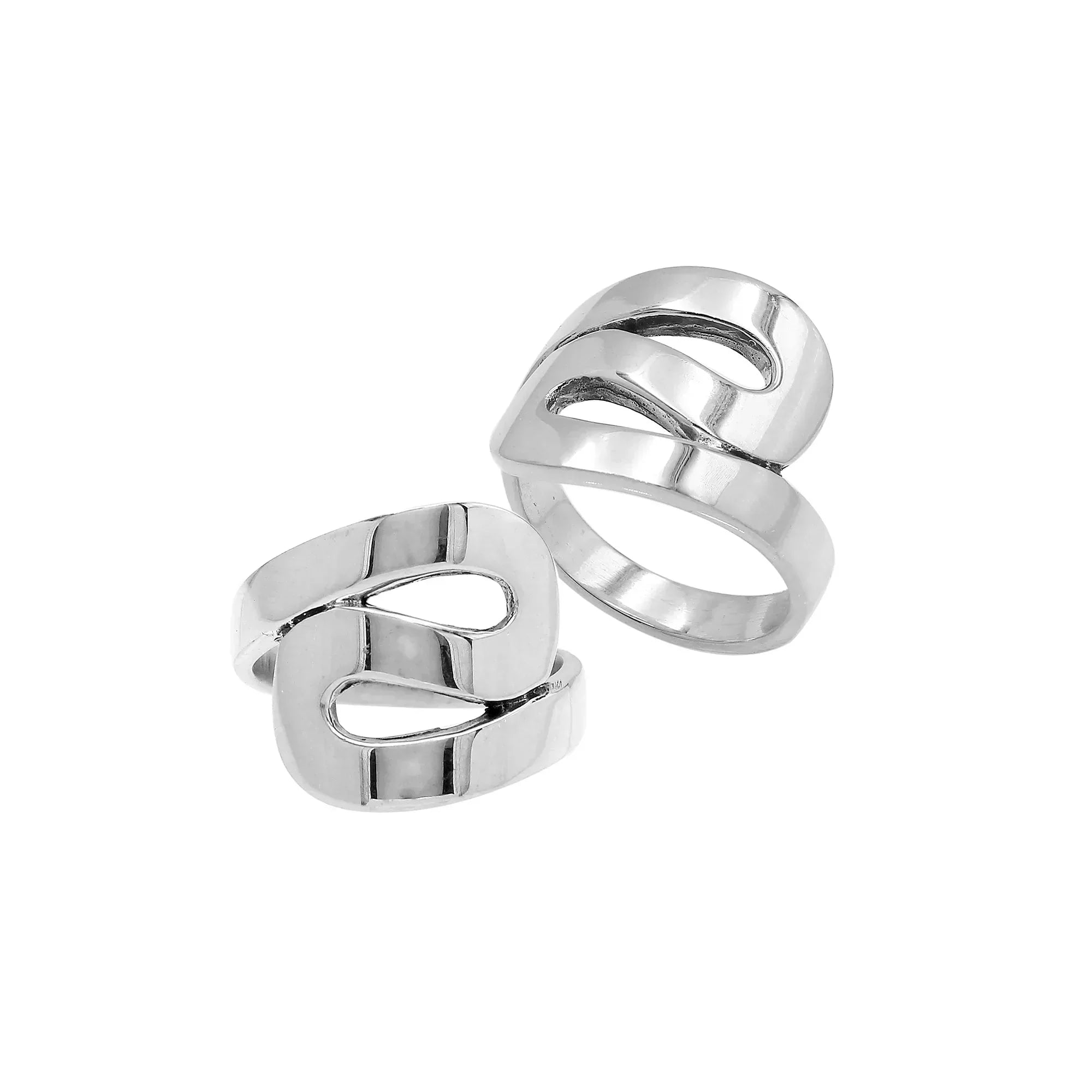 Sterling silver openwork statement ring with adjustable band, modern polished silver jewelry for everyday wear and special occasions.