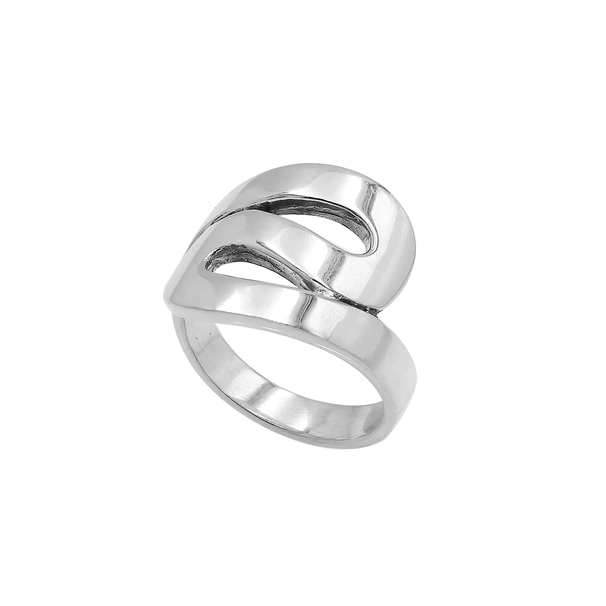 Sterling silver openwork statement ring with adjustable band, modern polished silver jewelry for everyday wear and special occasions.
