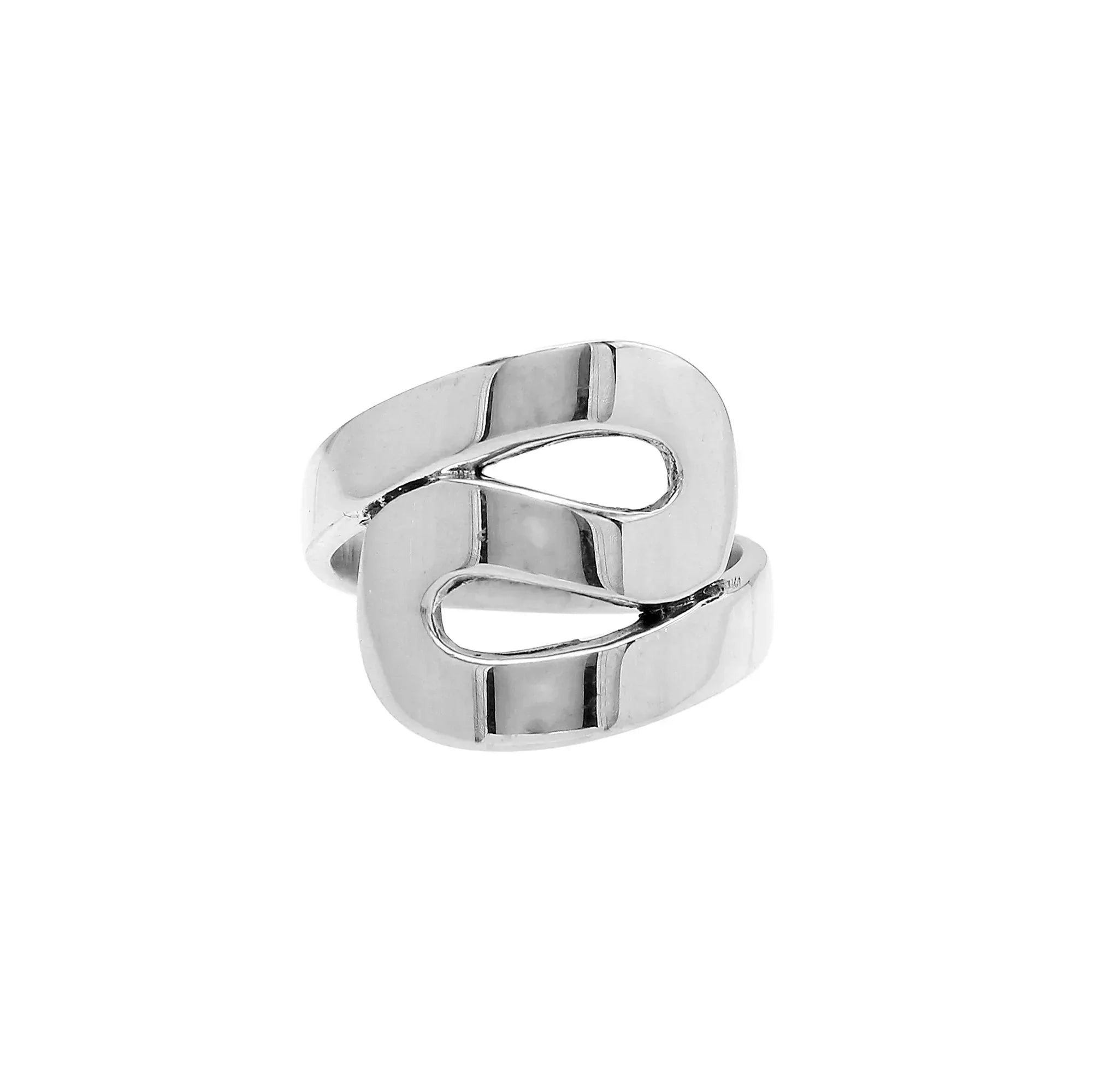 Sterling silver openwork statement ring with adjustable band, modern polished silver jewelry for everyday wear and special occasions.