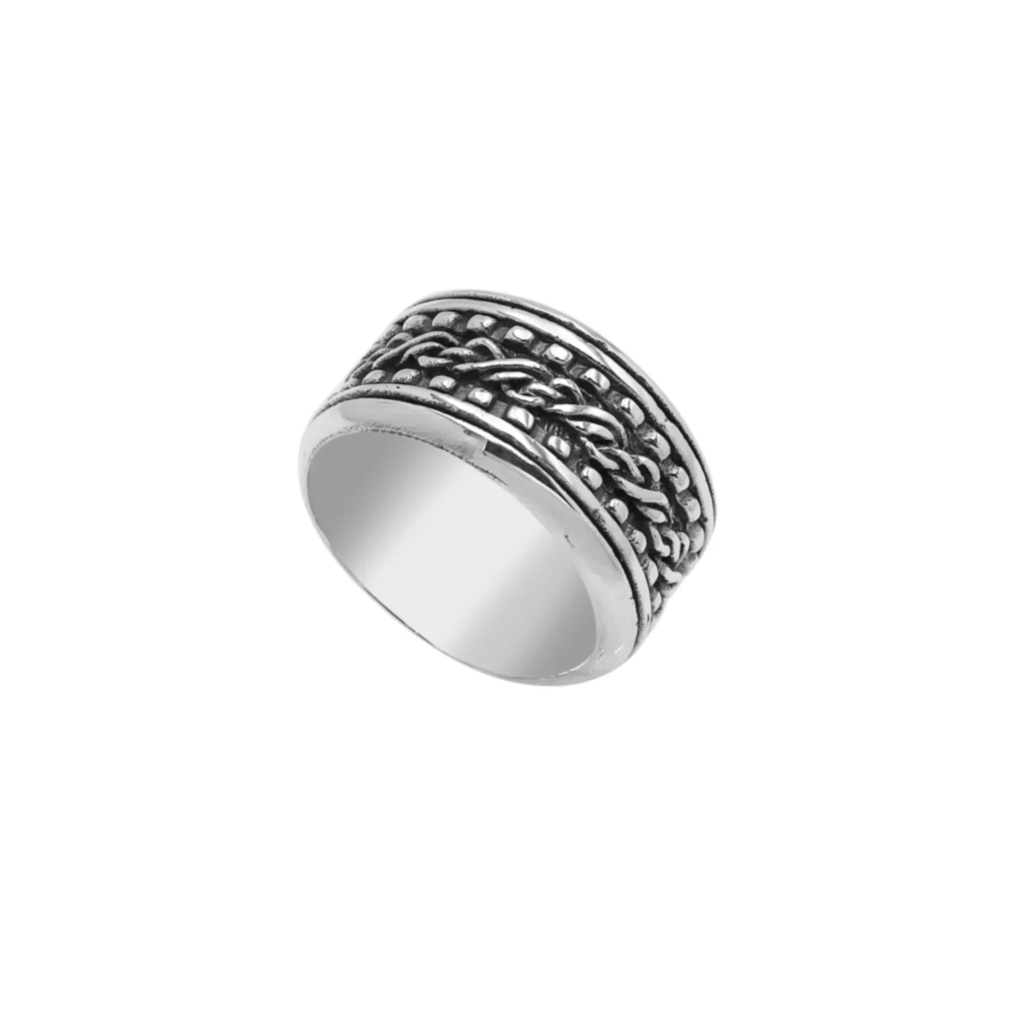 Sterling silver braided rope band ring with oxidized details, wide unisex silver ring for men and women.