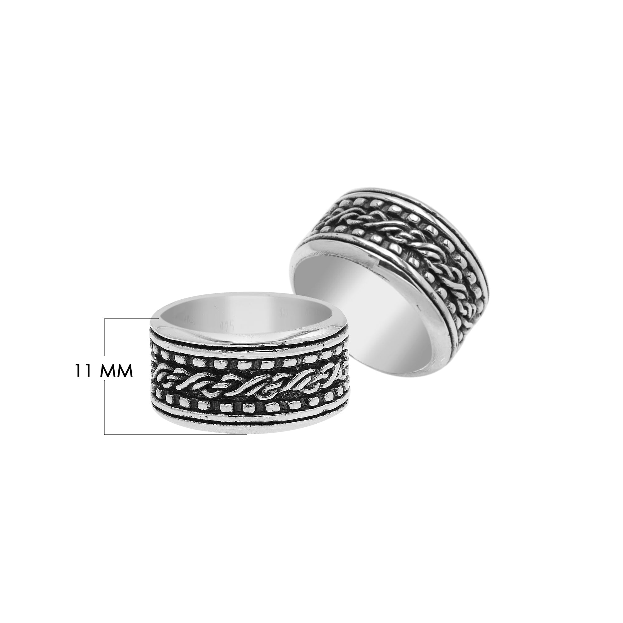 Sterling silver braided rope band ring with oxidized details, wide unisex silver ring for men and women.