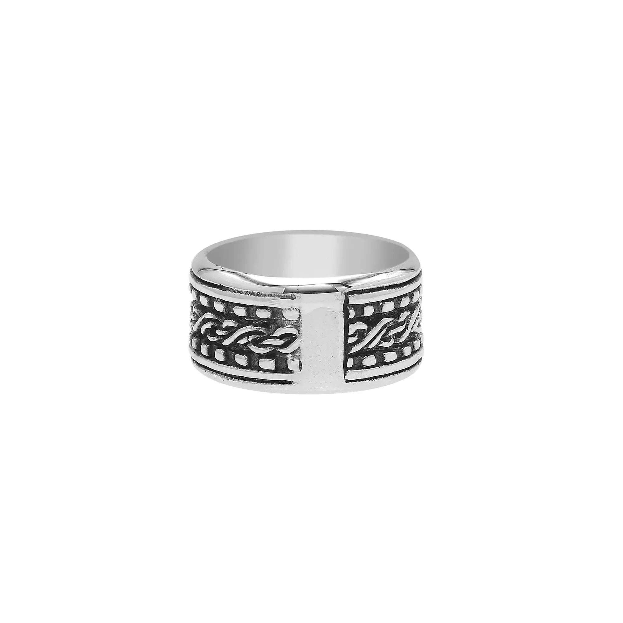 Sterling silver braided rope band ring with oxidized details, wide unisex silver ring for men and women.