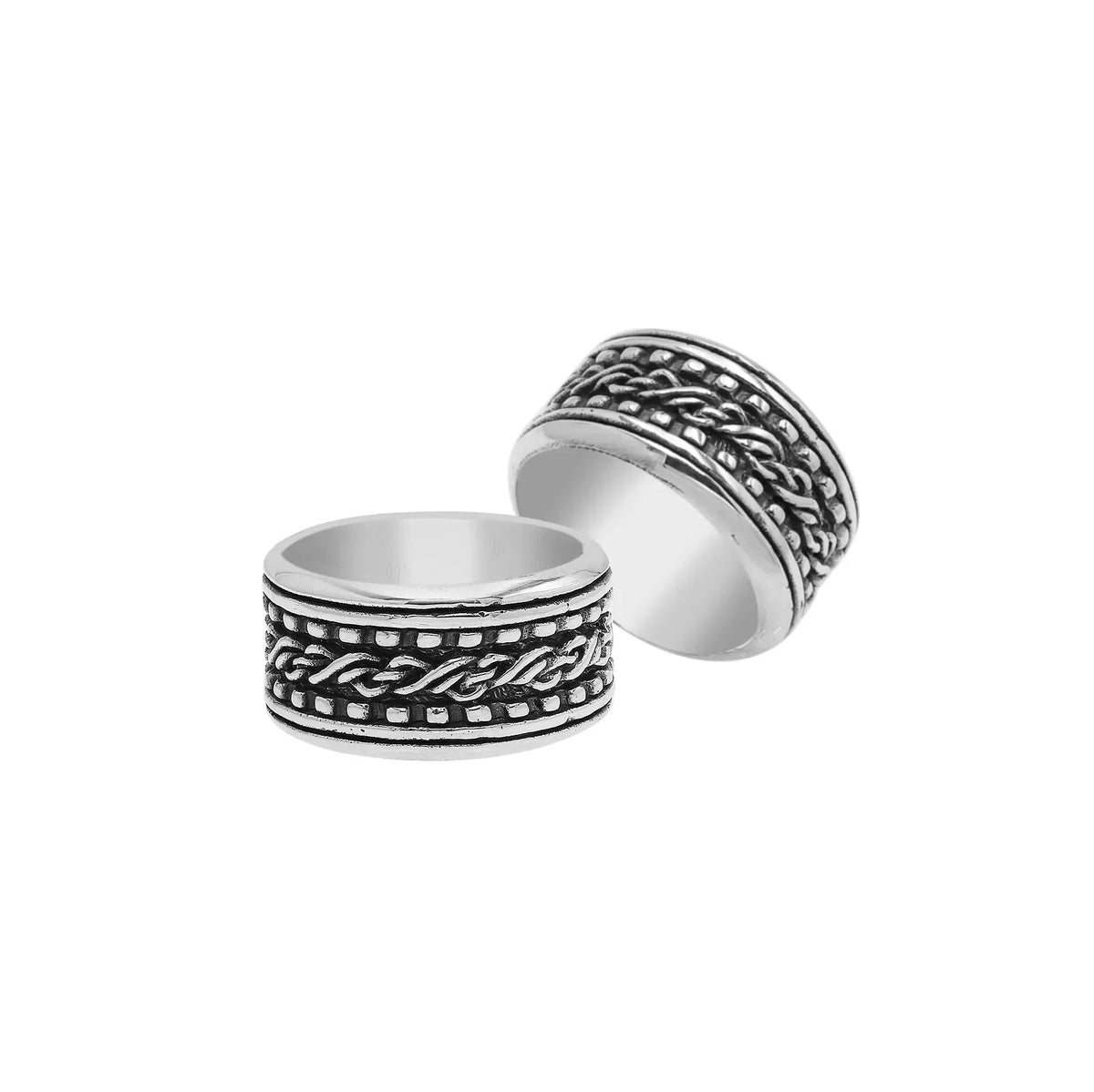 Sterling silver braided rope band ring with oxidized details, wide unisex silver ring for men and women.