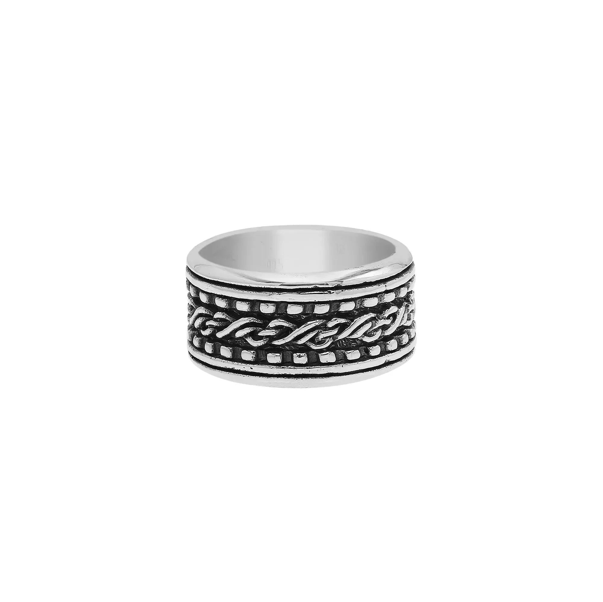 Sterling silver braided rope band ring with oxidized details, wide unisex silver ring for men and women.