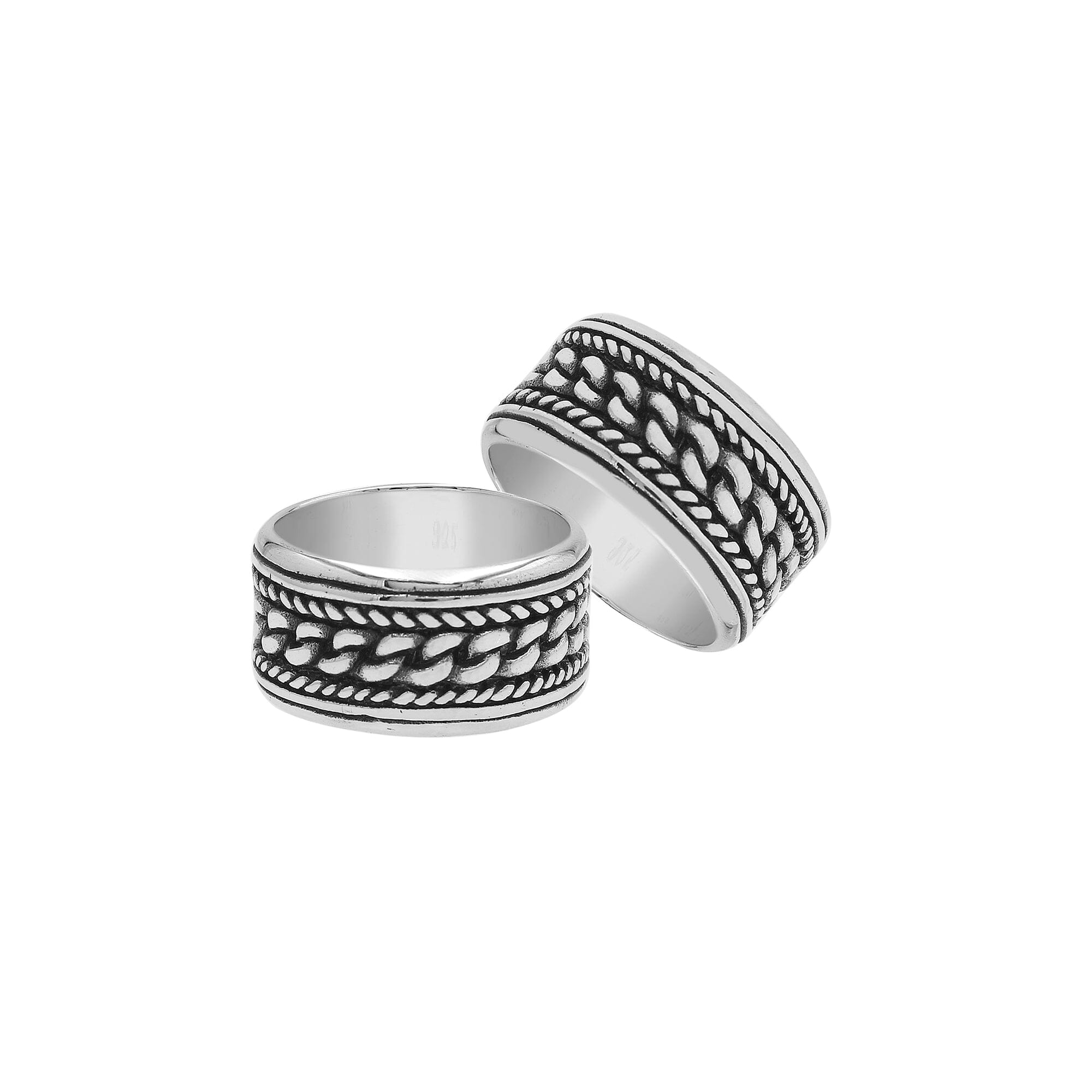 Sterling silver chain link wide band ring with oxidized details, unisex silver ring for men and women.