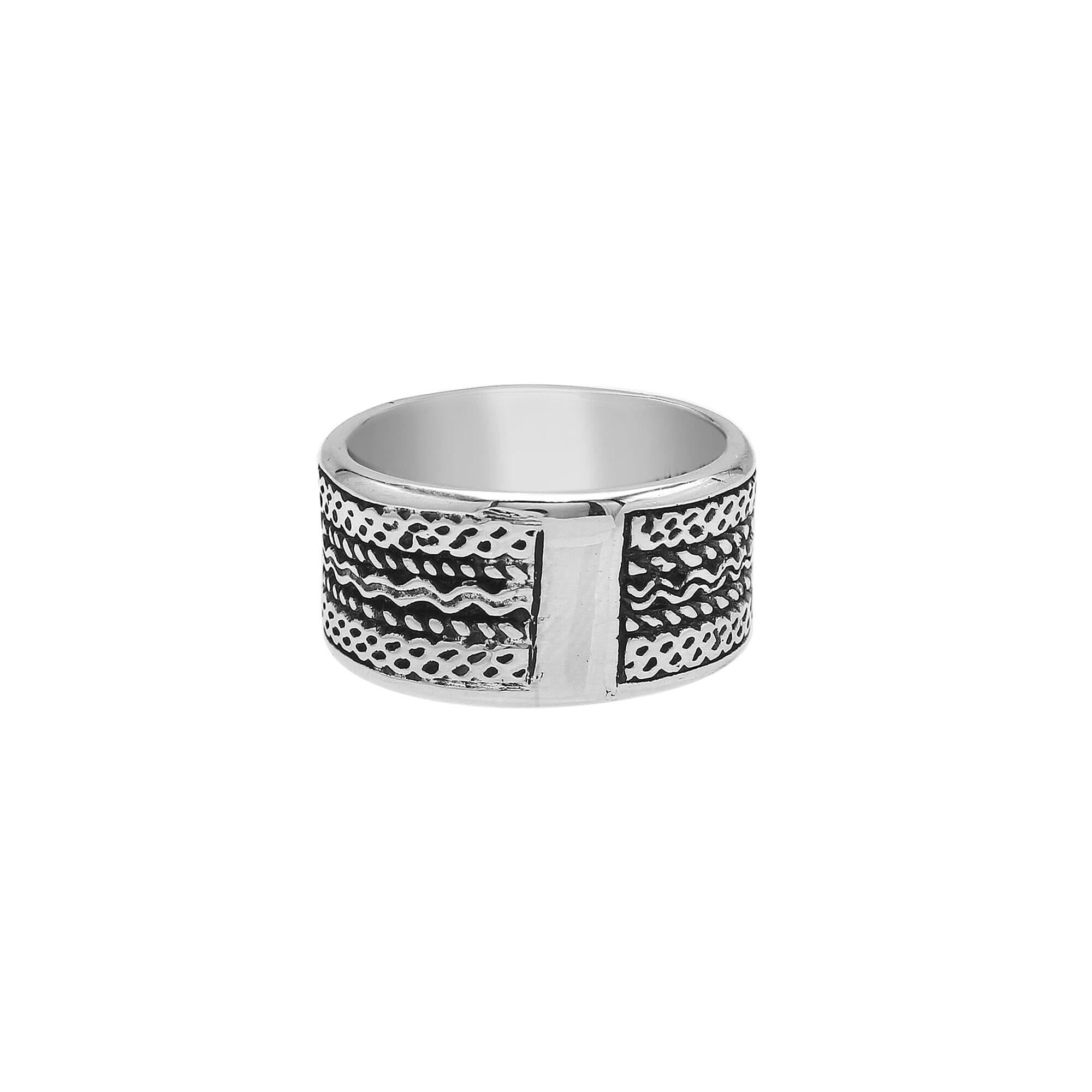 Sterling silver patterned wide band ring with oxidized details, unisex artisan silver ring for men and women.