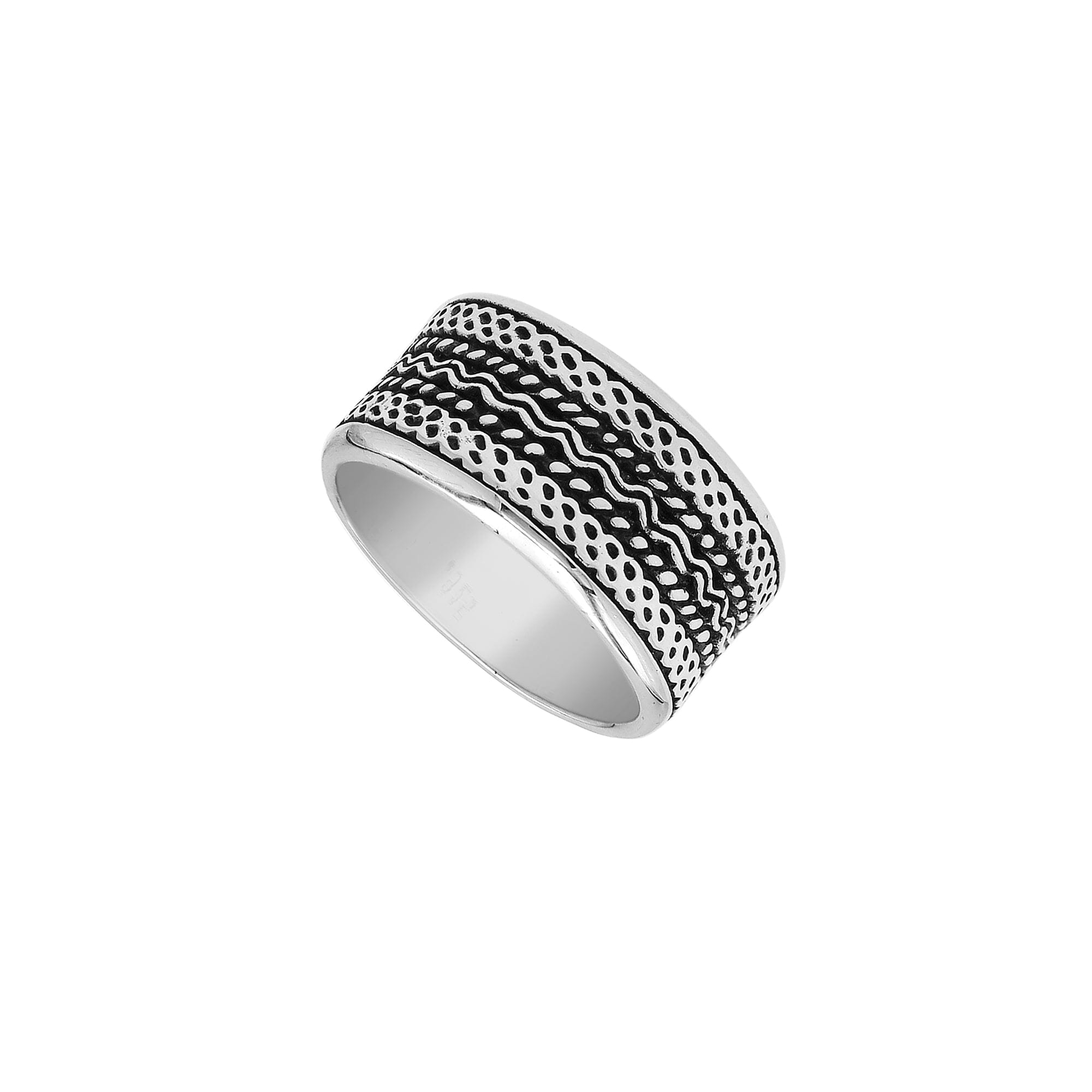Sterling silver patterned wide band ring with oxidized details, unisex artisan silver ring for men and women.