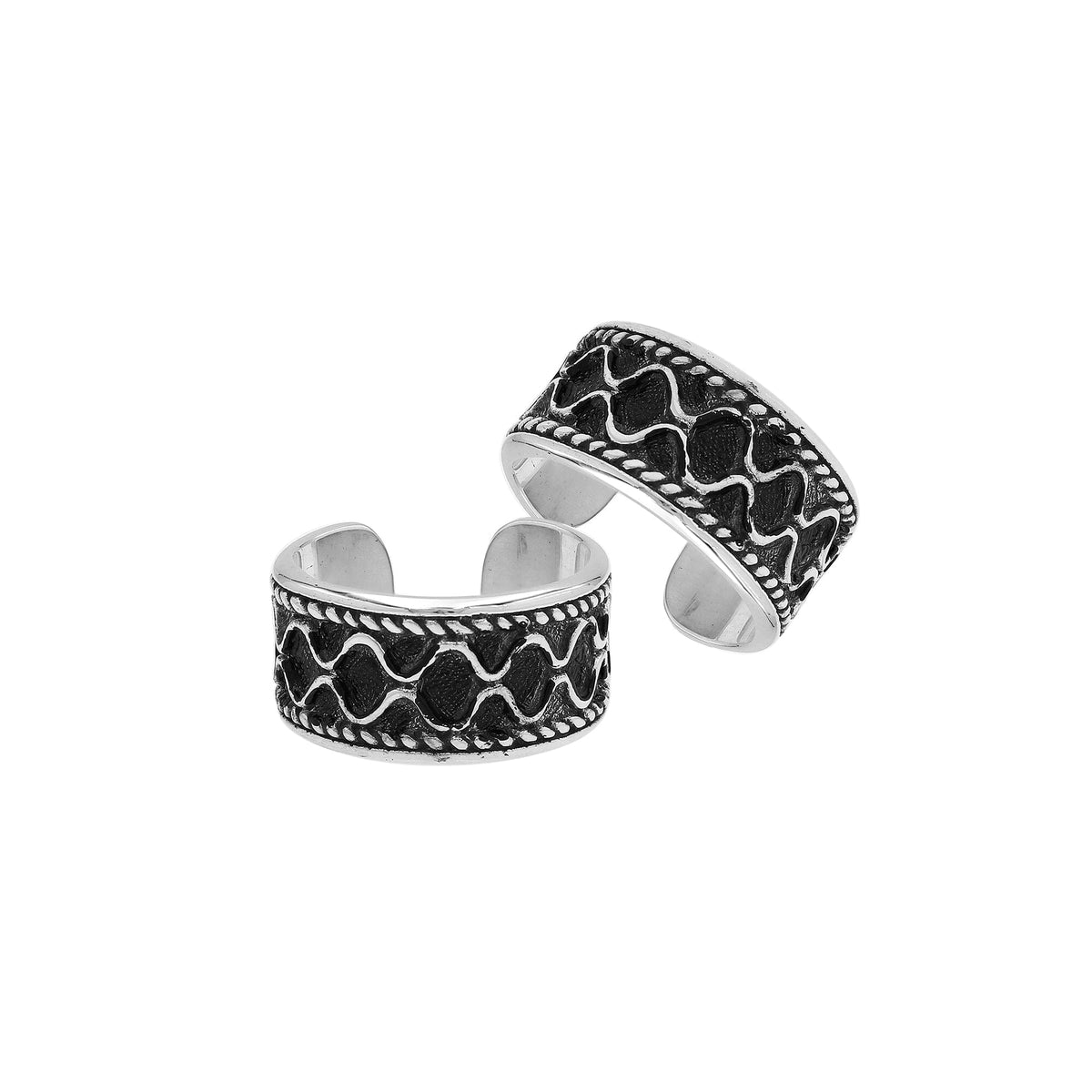 Sterling silver adjustable wide band ring with wavy oxidized pattern, unisex artisan silver ring for men and women.