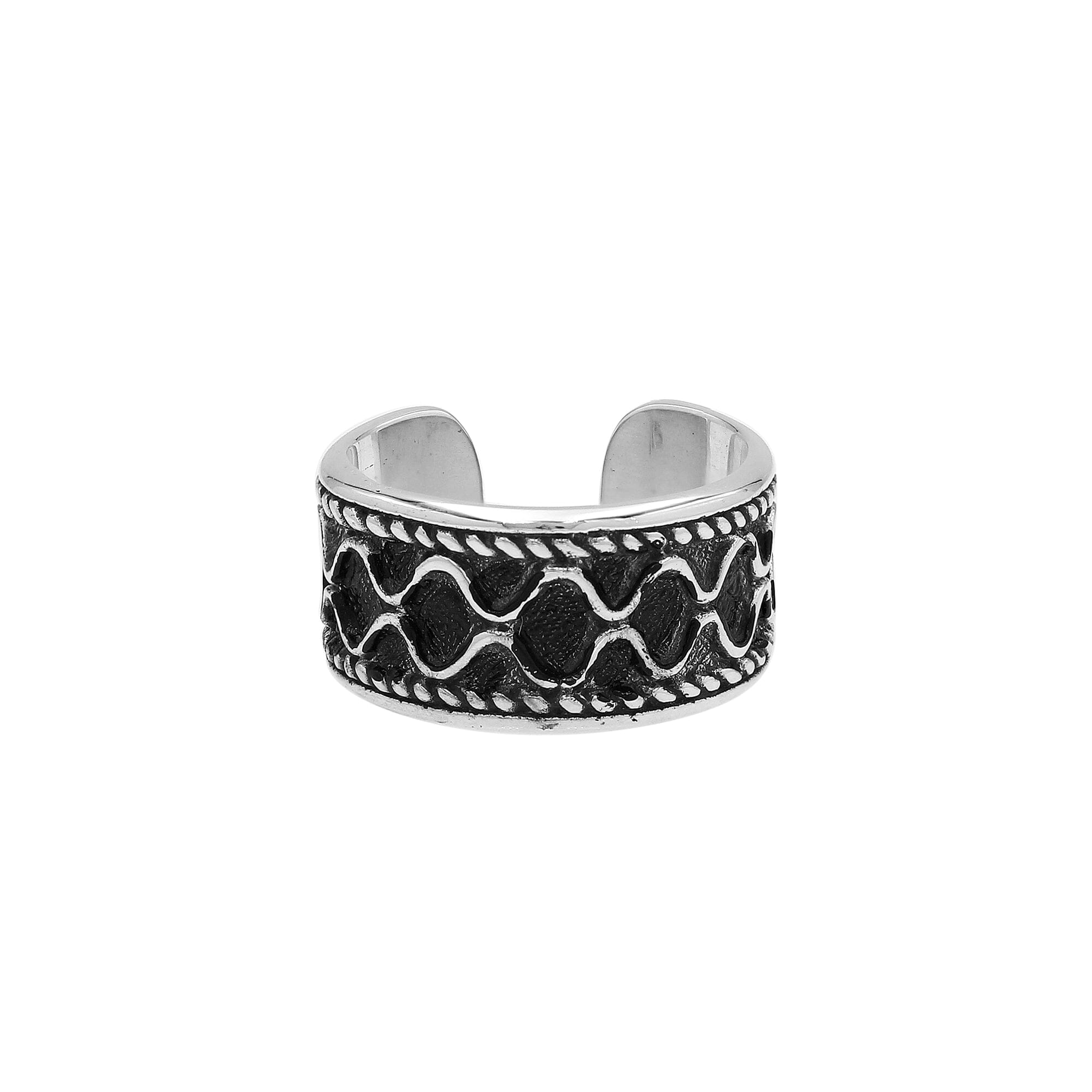 Sterling silver adjustable wide band ring with wavy oxidized pattern, unisex artisan silver ring for men and women.